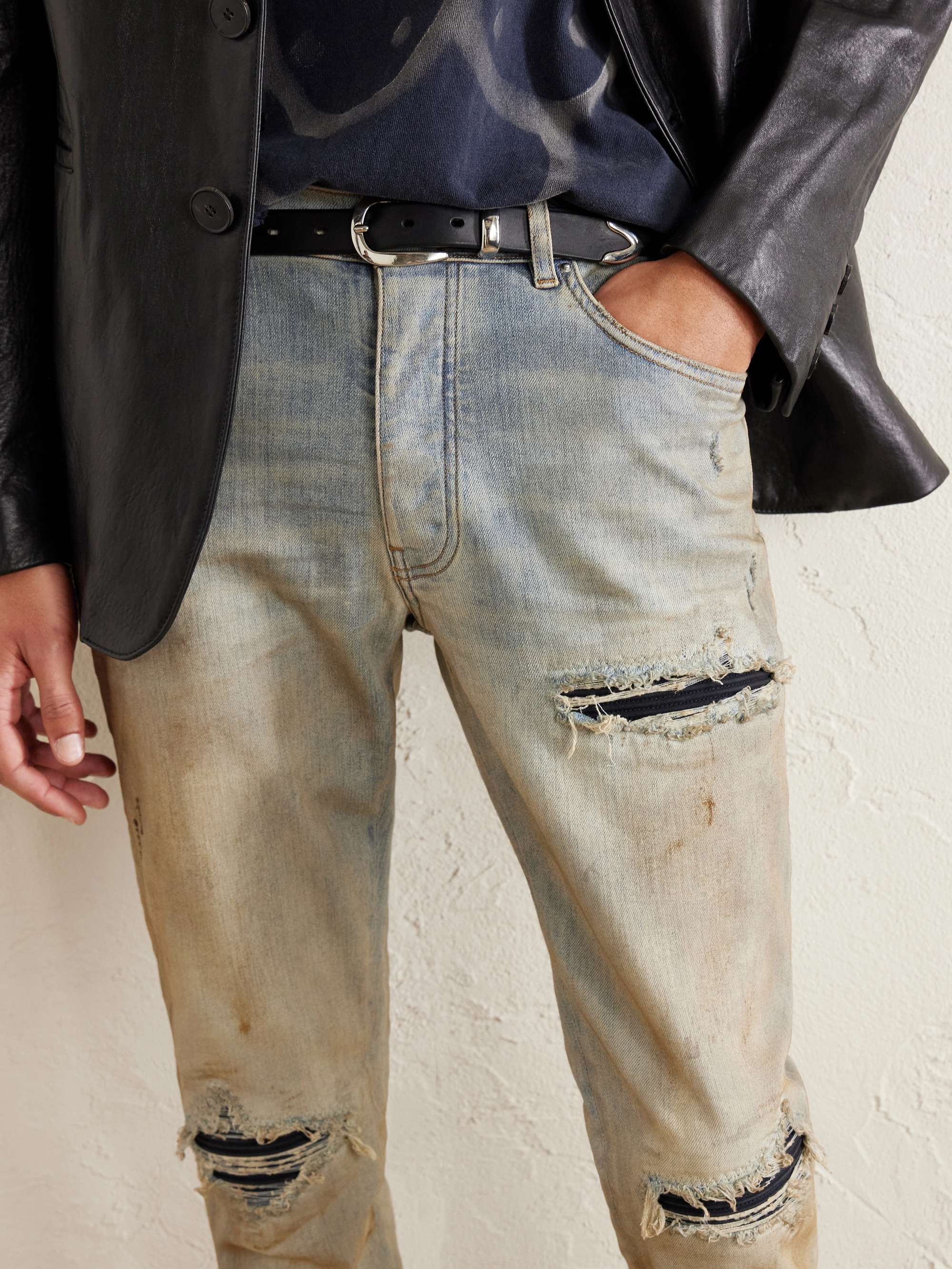 AMIRI MX1 Skinny-Fit Distressed Suede-Trimmed Jeans for Men | MR
