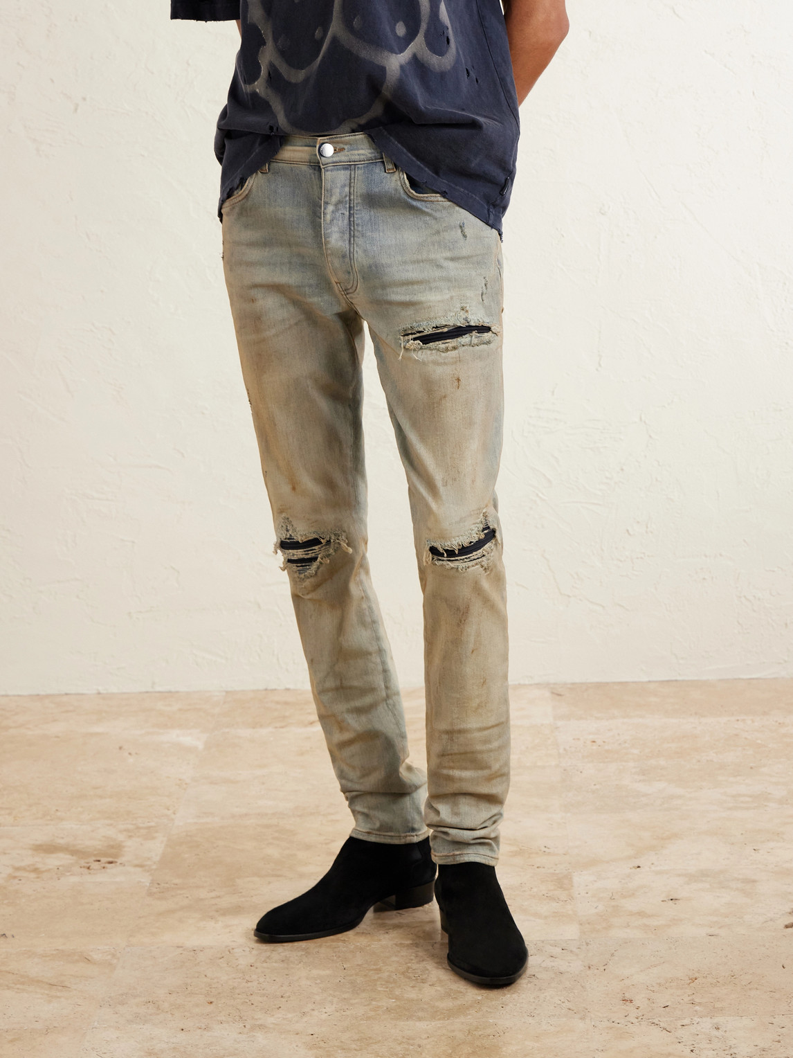Mx1 Skinny-Fit Distressed Suede-Trimmed Jeans