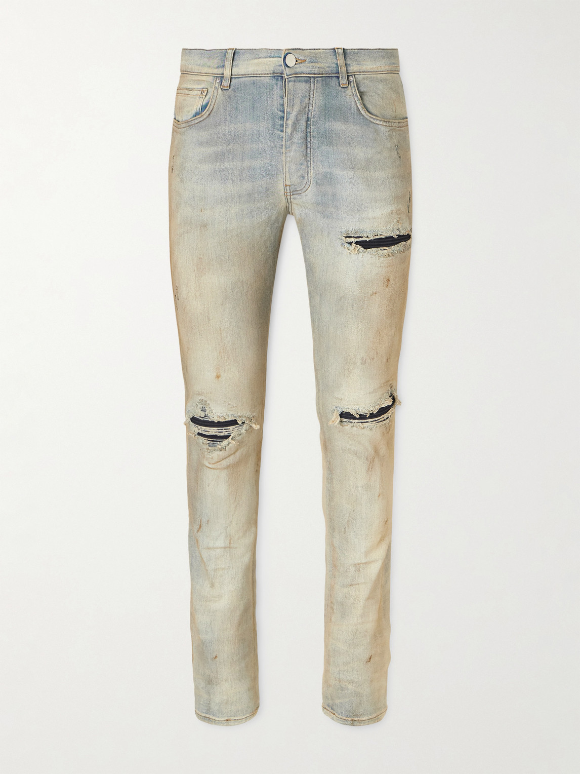 Amiri Mx1 Skinny-fit Distressed Suede-trimmed Jeans In Blue