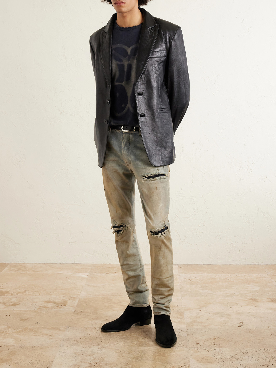 Mx1 Skinny-Fit Distressed Suede-Trimmed Jeans