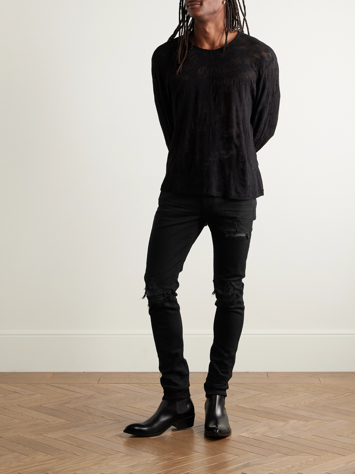 Amiri Mx1 Skinny-fit Leather-panelled Distressed Jeans In Black