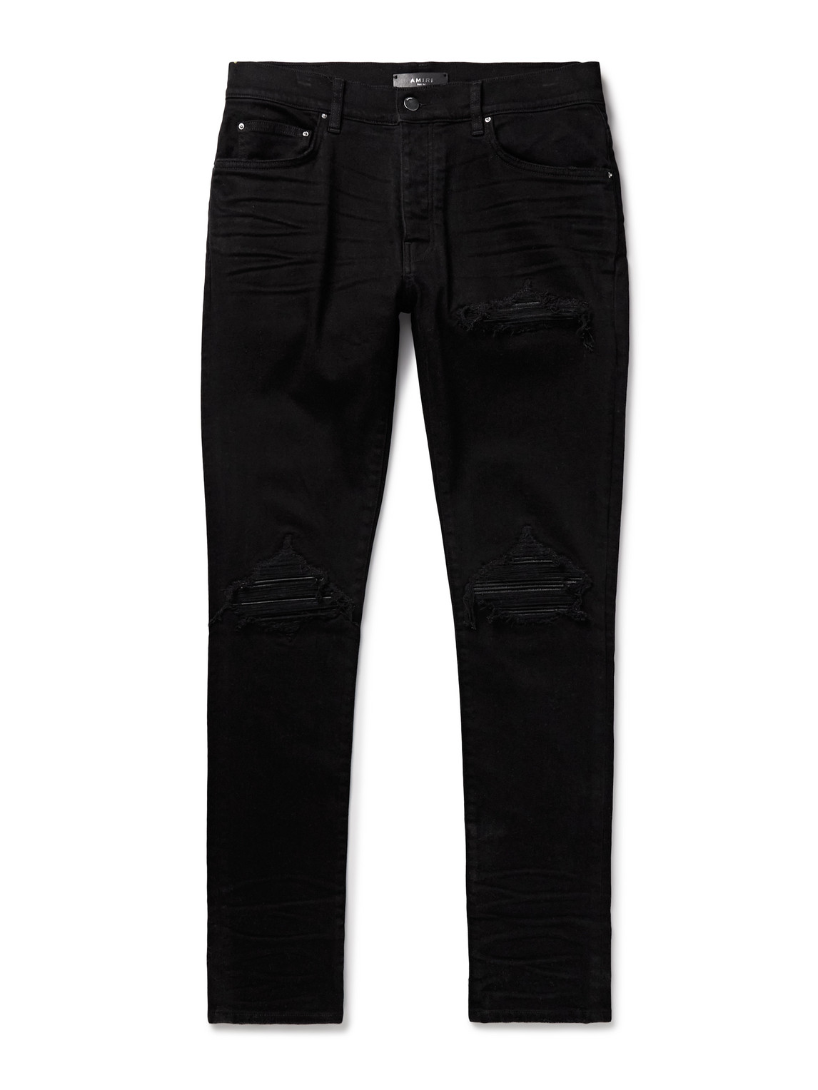 Amiri Mx1 Skinny-fit Leather-panelled Distressed Jeans In Black