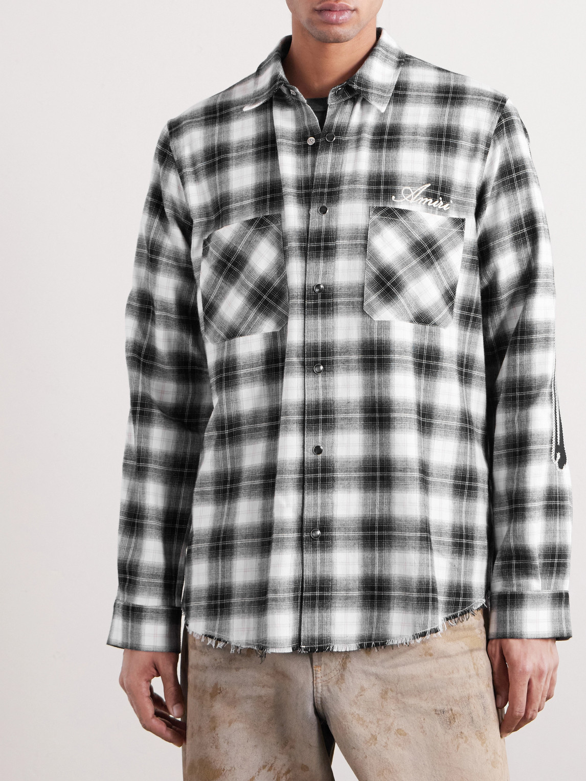  Amiri - Bones Appliquéd Frayed Checked Cotton-flannel Overshirt - Men - Black - S 