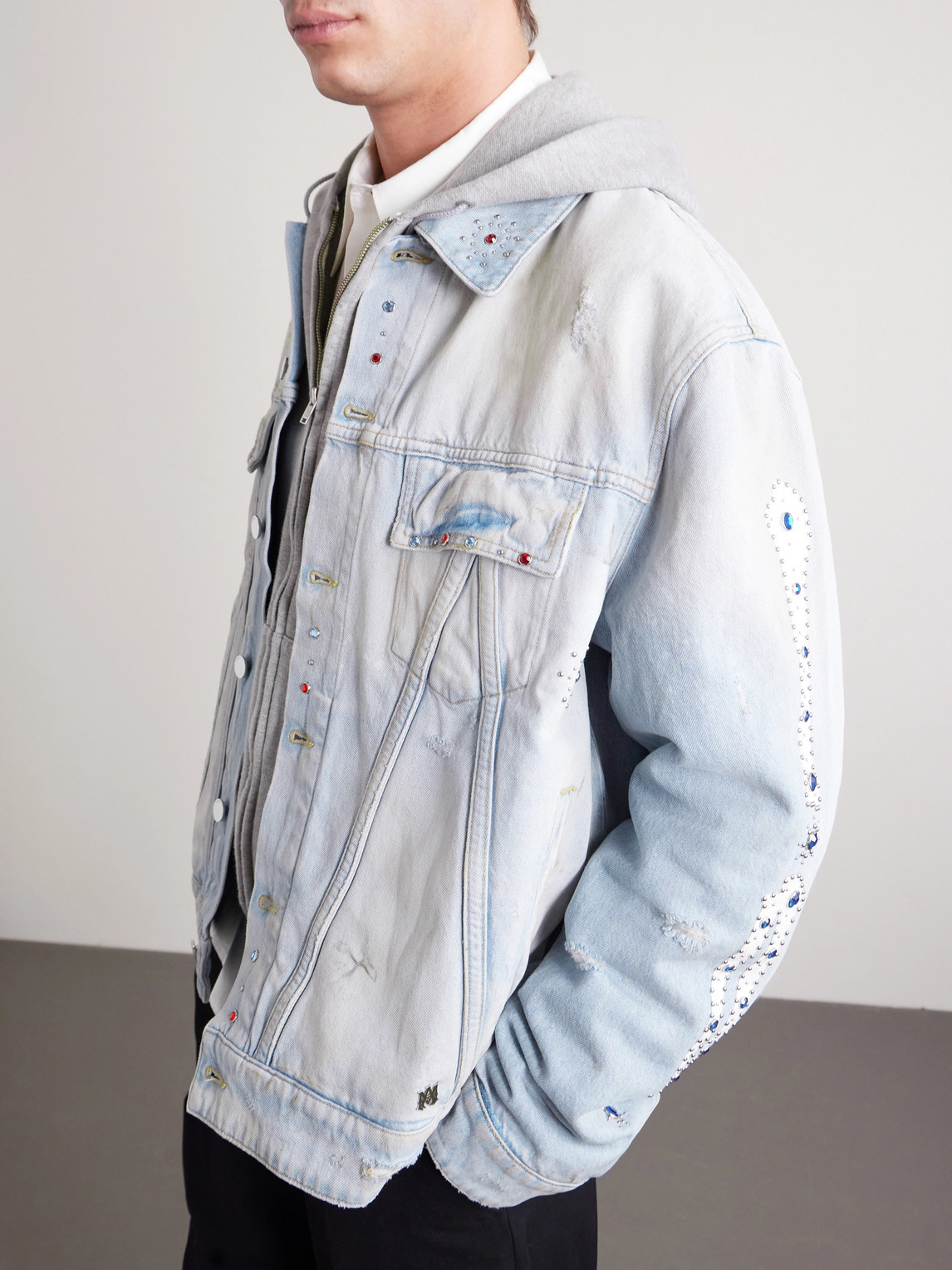 Amiri Crystal Studded Bones Denim Trucker Jacket In Blue
