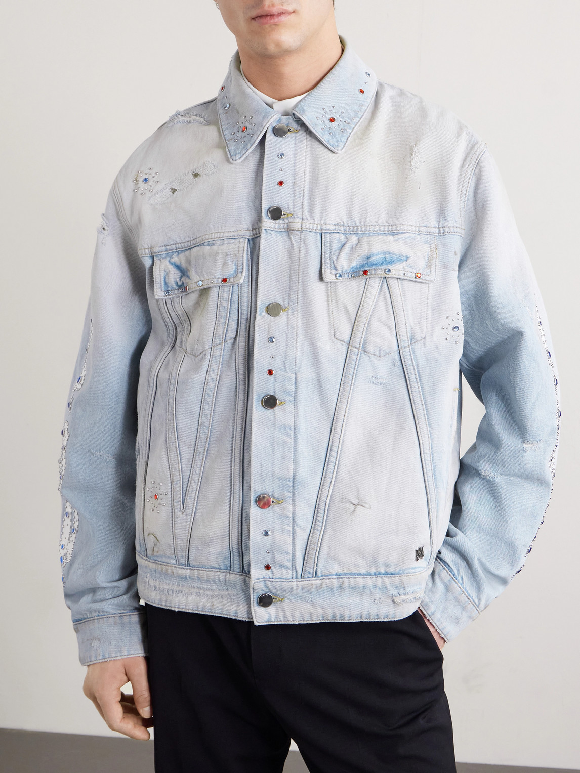 Amiri Crystal Studded Bones Denim Trucker Jacket In Blue