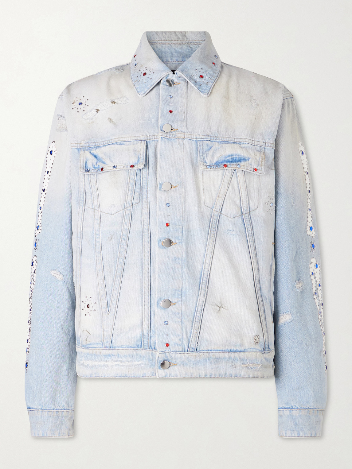 Amiri Crystal Studded Bones Denim Trucker Jacket In Blue