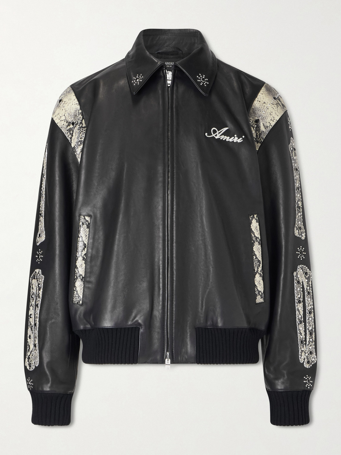 AMIRI Bones Snake-Effect Panelled Studded Logo-Embroidered Leather Jacket - Men