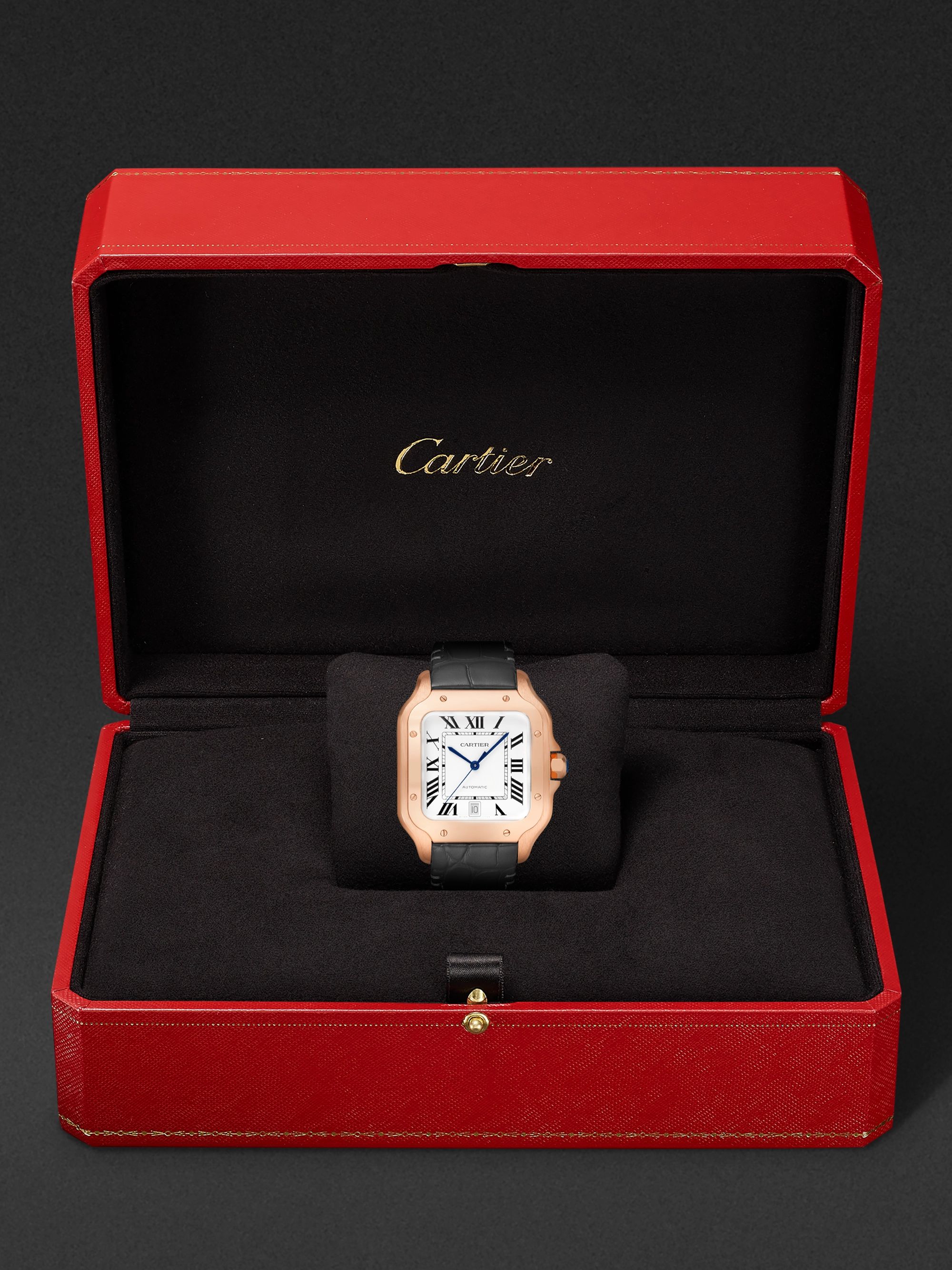 CARTIER Santos Automatic 39.8mm 18-Karat Rose Gold Interchangeable Alligator and Leather Watch, Ref. No. WGSA0011