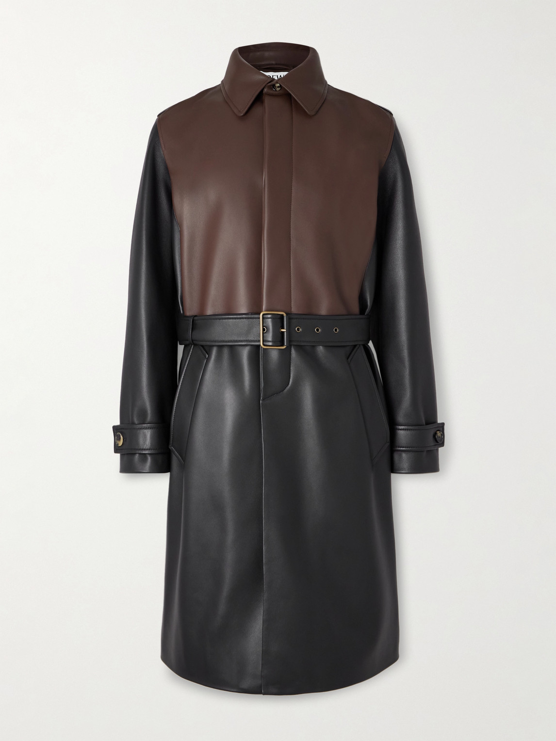 Loewe Belted Two-tone Panelled Leather Coat In Black