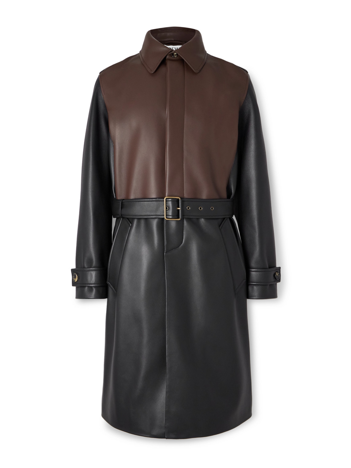 Loewe Belted Two-tone Panelled Leather Coat In Black