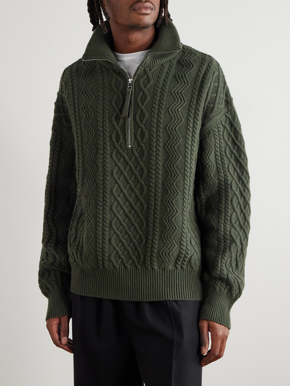 Loewe Cable-knit Wool Half-zip Rollneck Sweater In Green