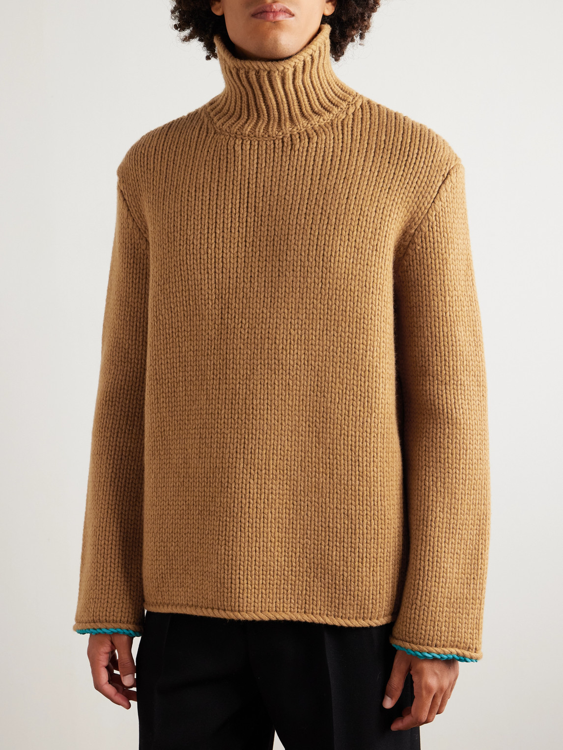 Loewe Suede-trimmed Wool Rollneck Sweater In Brown