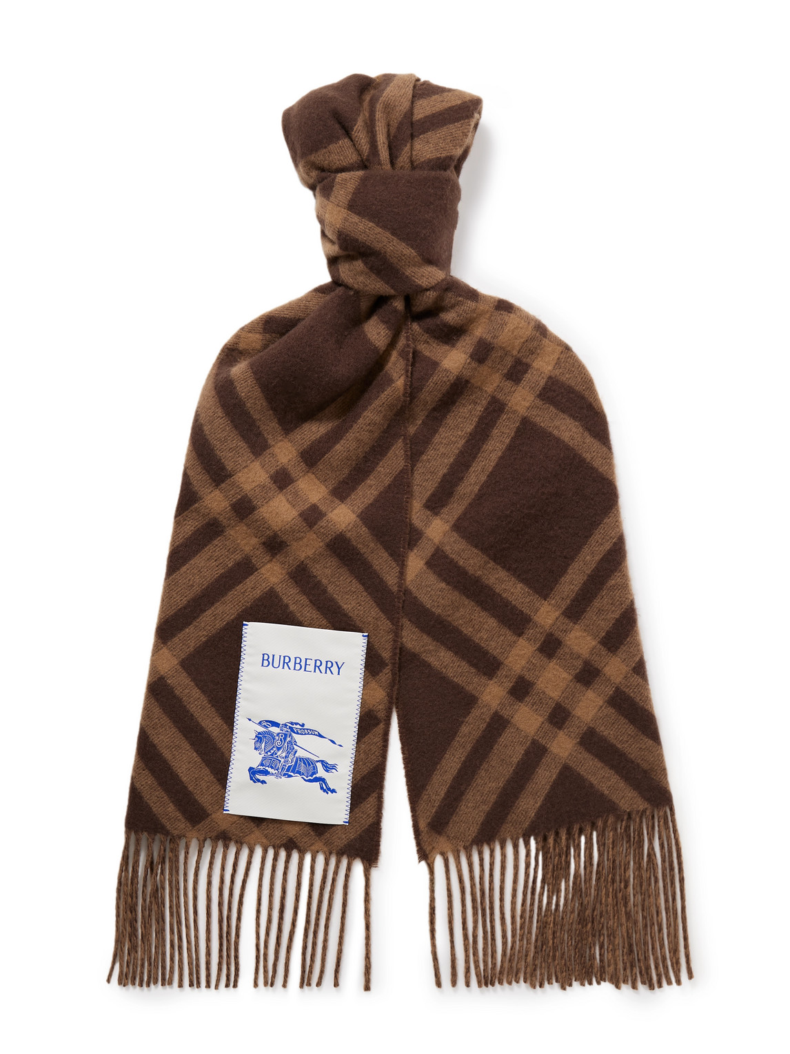 Burberry Logo-appliquéd Fringed Checked Cashmere Scarf In Brown