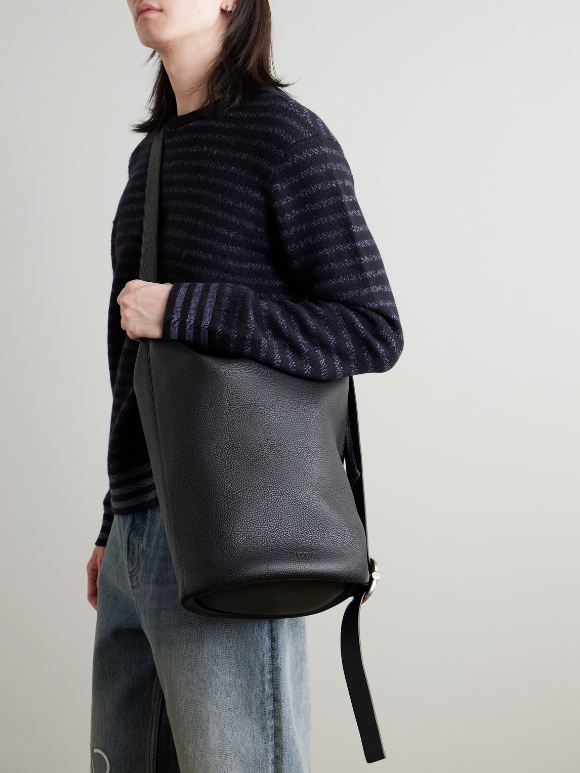 Loewe Loop Medium Logo-debossed Leather Bucket Bag In Black