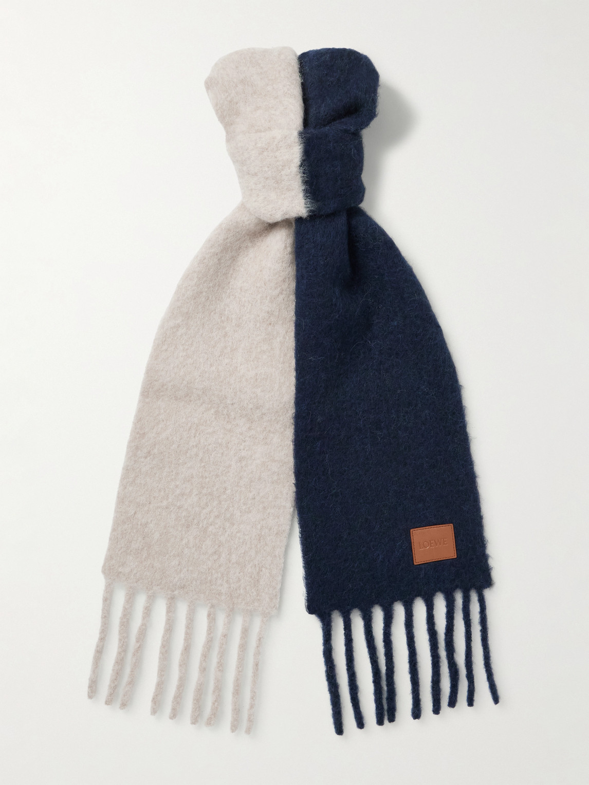 Loewe Logo-appliquéd Fringed Two-tone Alpaca And Wool-blend Scarf In Blue