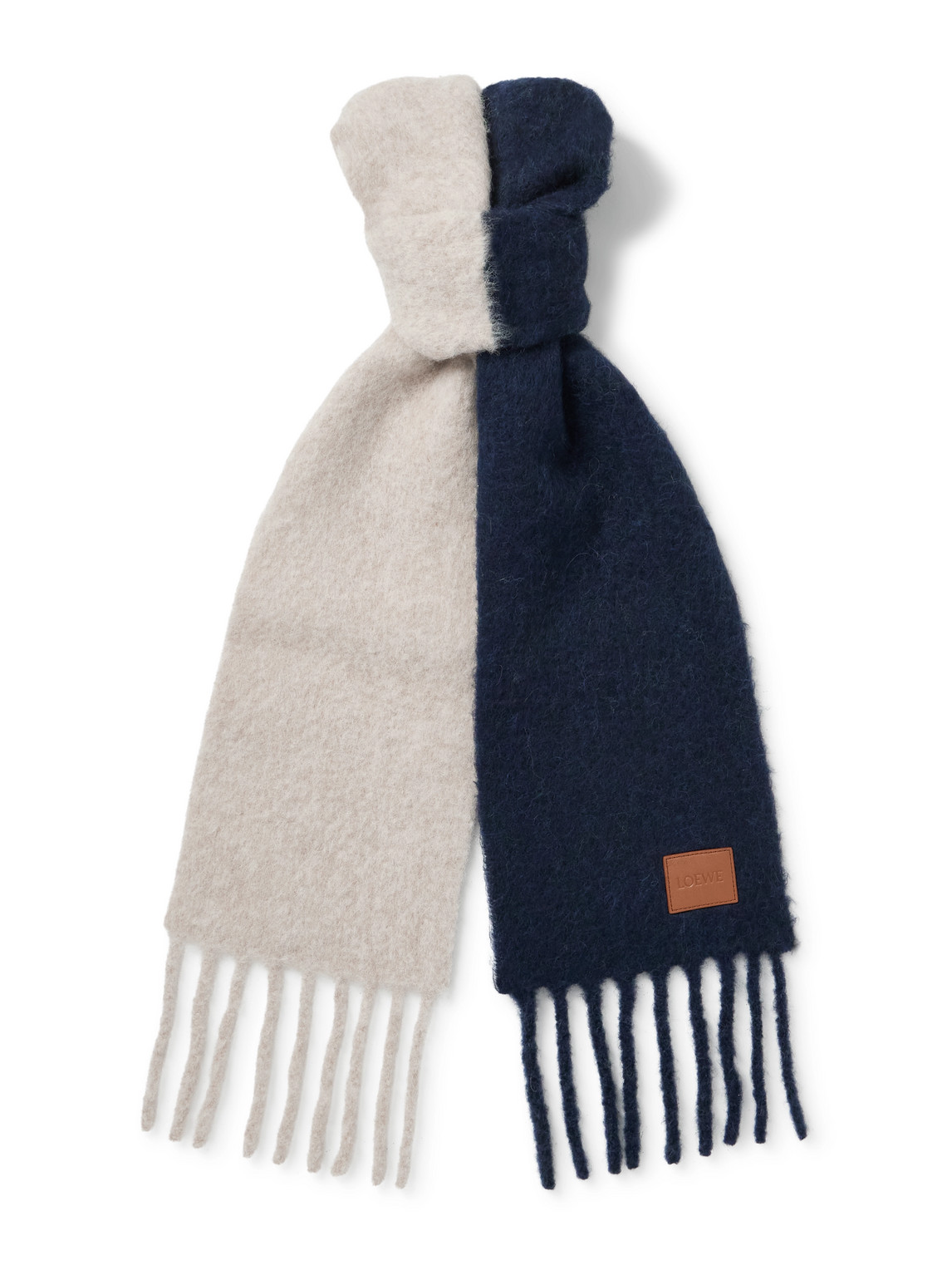 Loewe Logo-appliquéd Fringed Two-tone Alpaca And Wool-blend Scarf In Blue