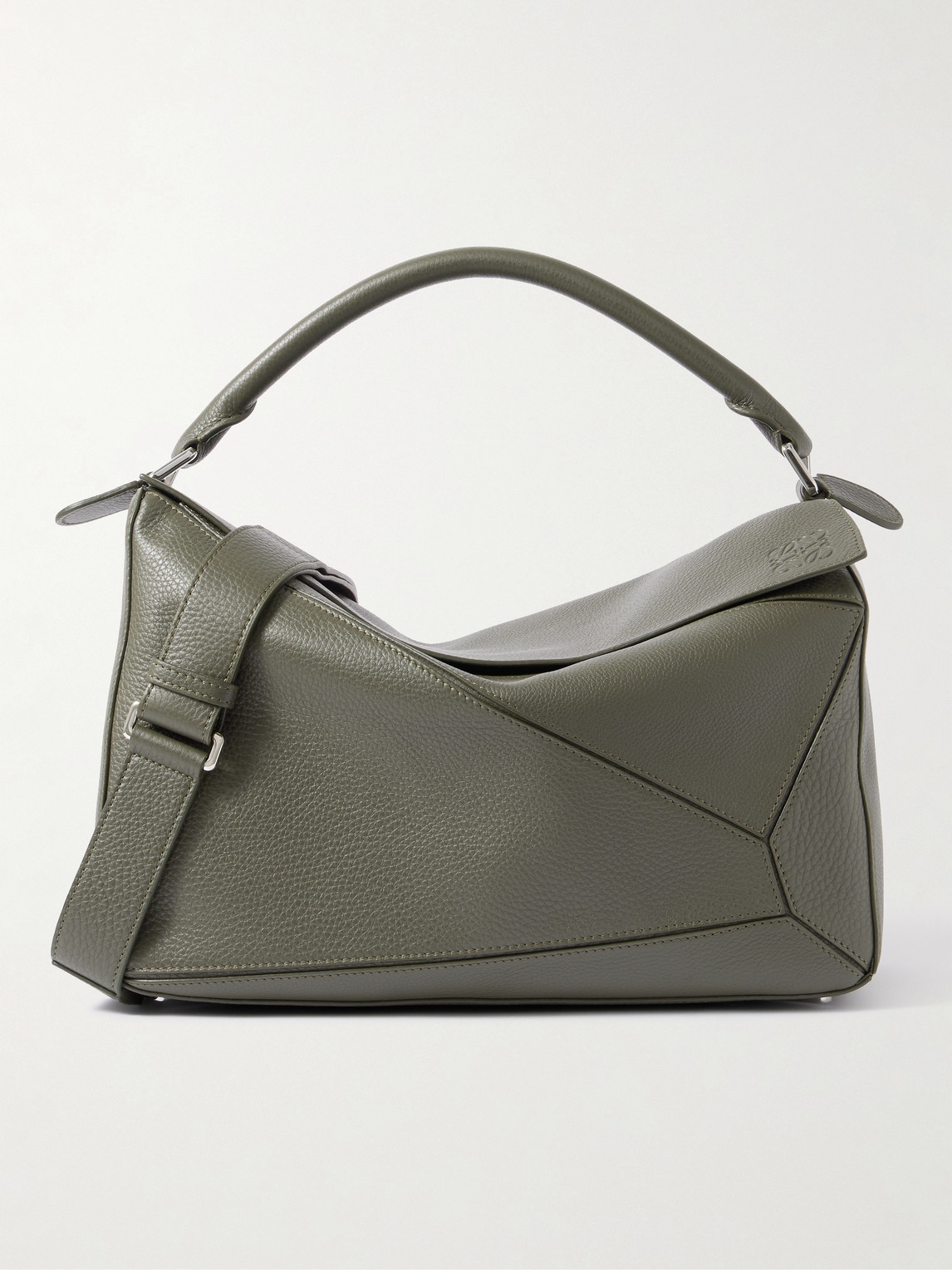 Loewe Puzzle Edge Large Logo-debossed Full-grain Leather Messenger Bag In Green