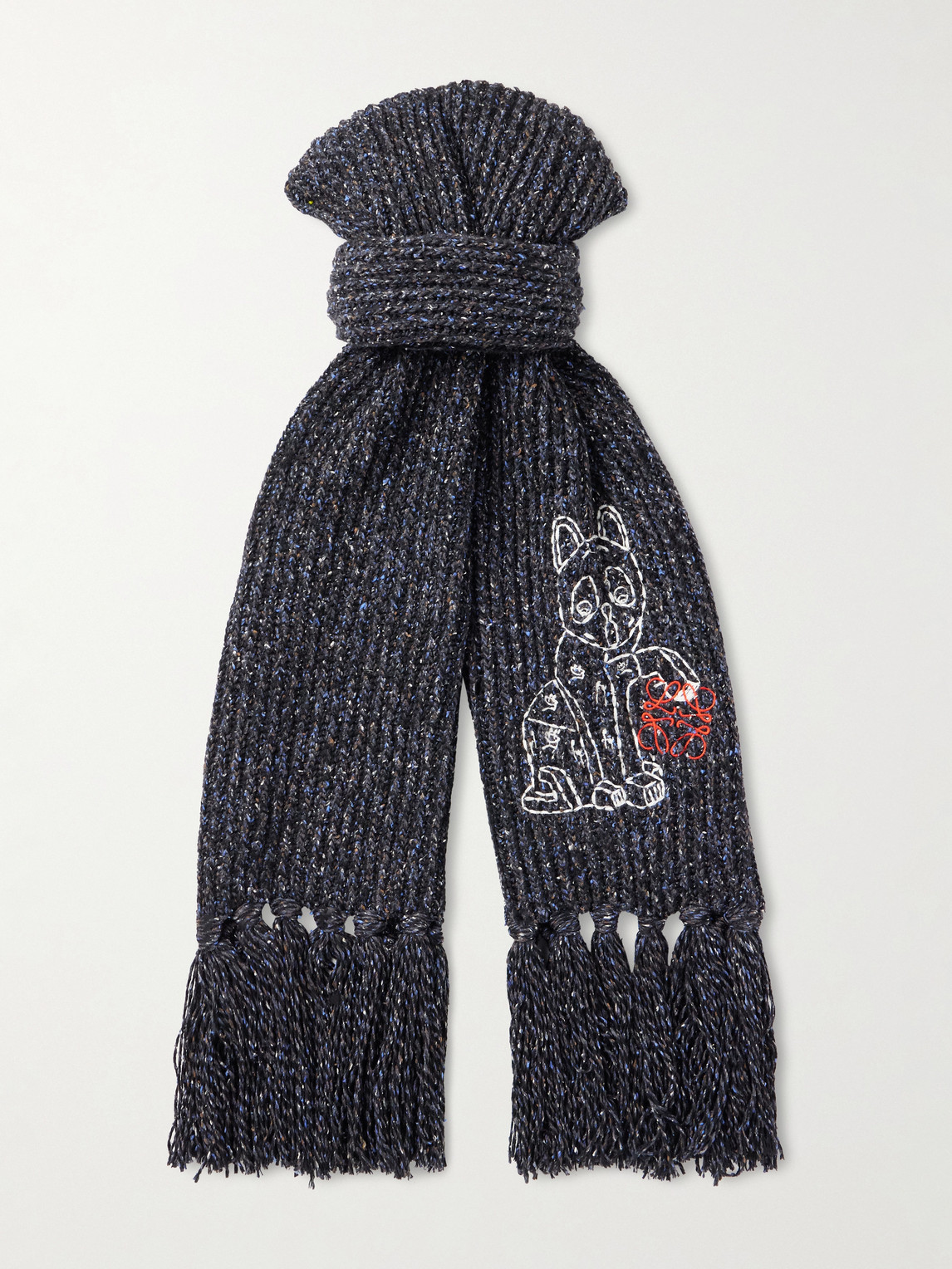 Loewe Fringed Embroidered Knitted Scarf In Gray