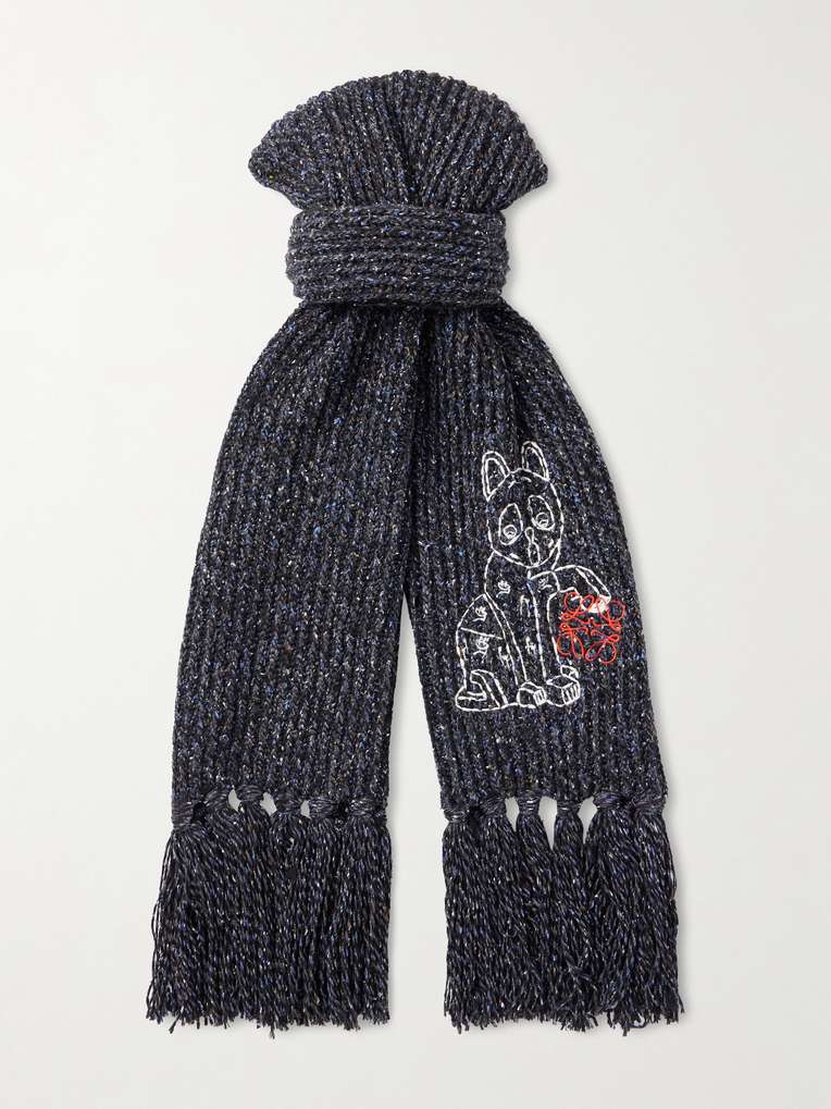 Loewe — Fringed Embroidered Knitted Scarf