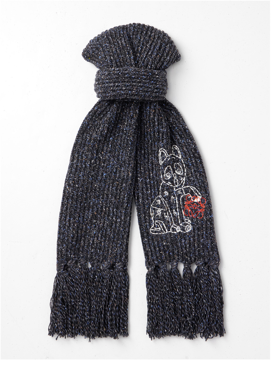 Loewe Fringed Embroidered Knitted Scarf In Gray