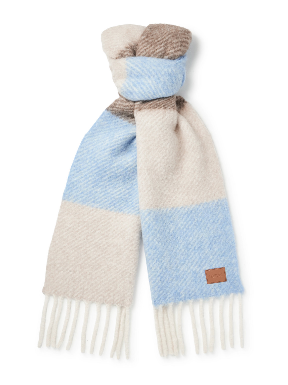 Loewe Fringed Striped Alpaca-blend Scarf In Blue