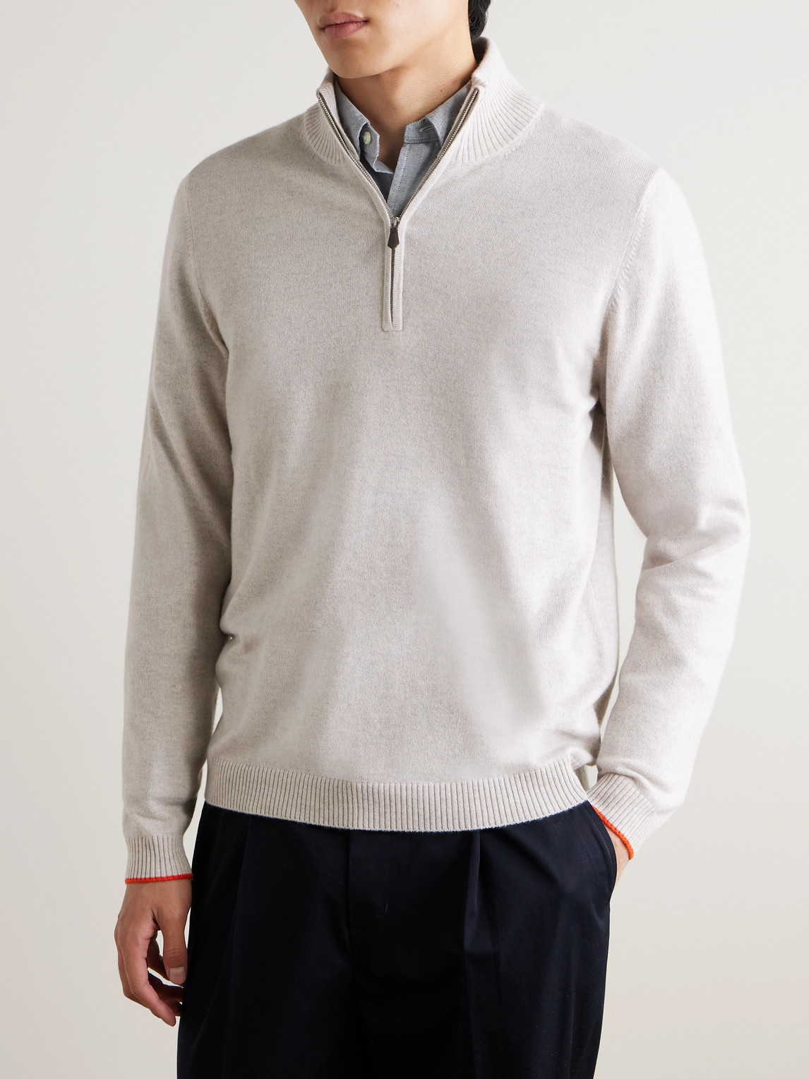 N.Peal Cashmere Tucci Leather-Trimmed Half-Zip Sweater