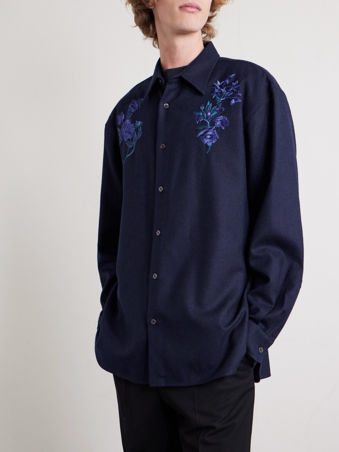  Dries Van Noten - Embroidered Wool-flannel Shirt - Men - Blue - S 