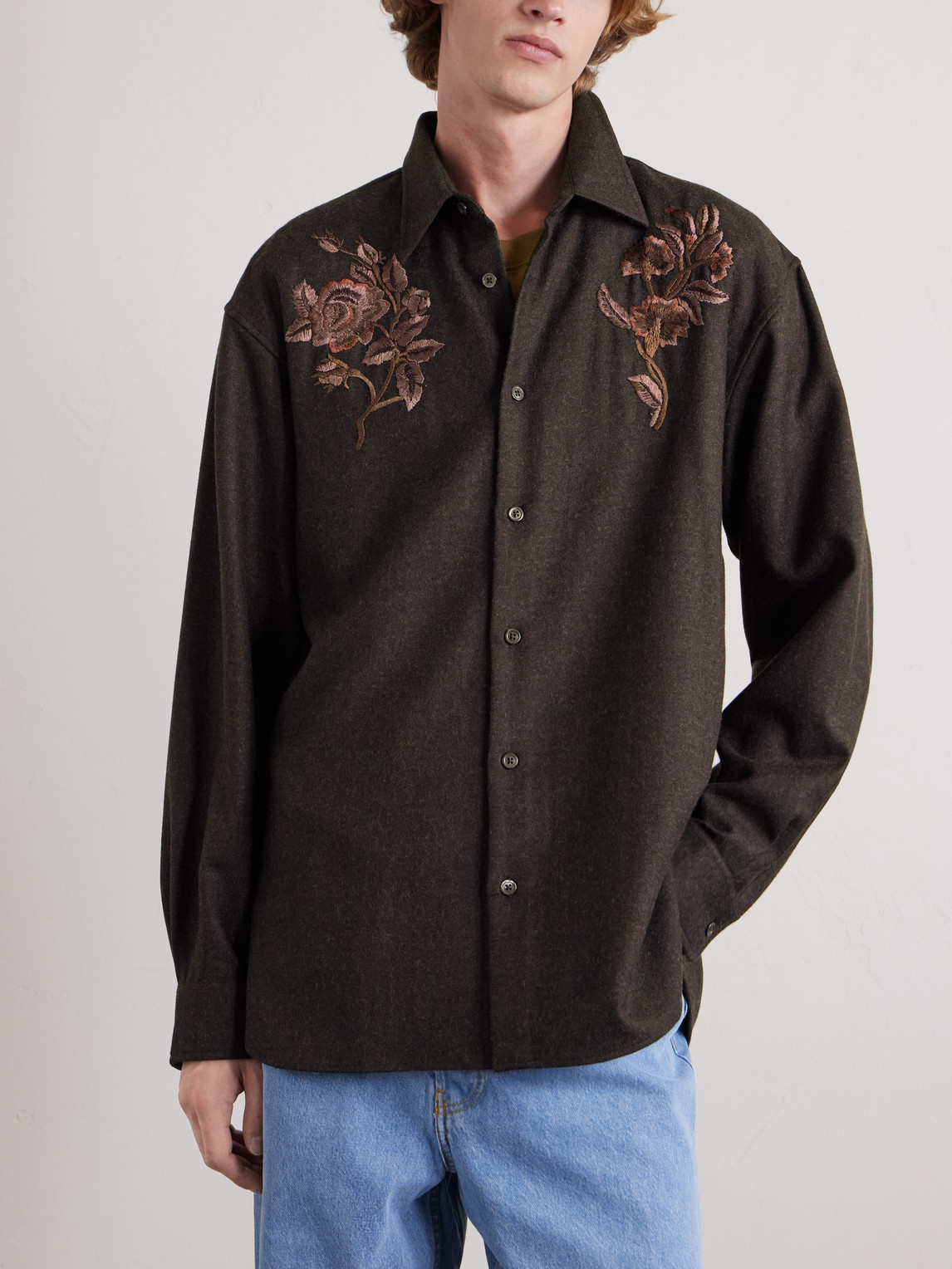  Dries Van Noten - Embroidered Wool-flannel Shirt - Men - Brown - M 