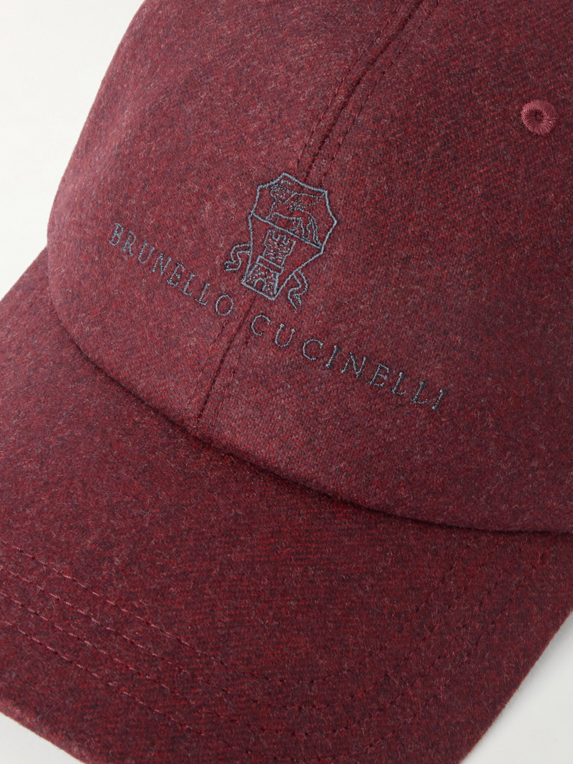 Brunello Cucinelli Logo-embroidered Leather-trimmed Wool-flannel Baseball Cap In Burgundy
