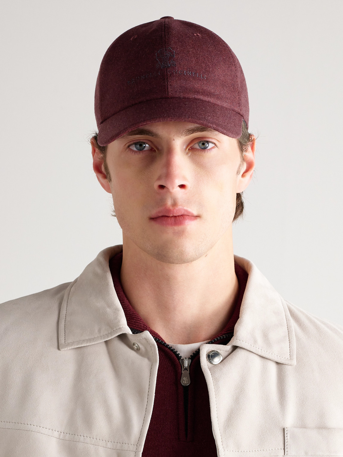 Brunello Cucinelli Logo-embroidered Leather-trimmed Wool-flannel Baseball Cap In Burgundy