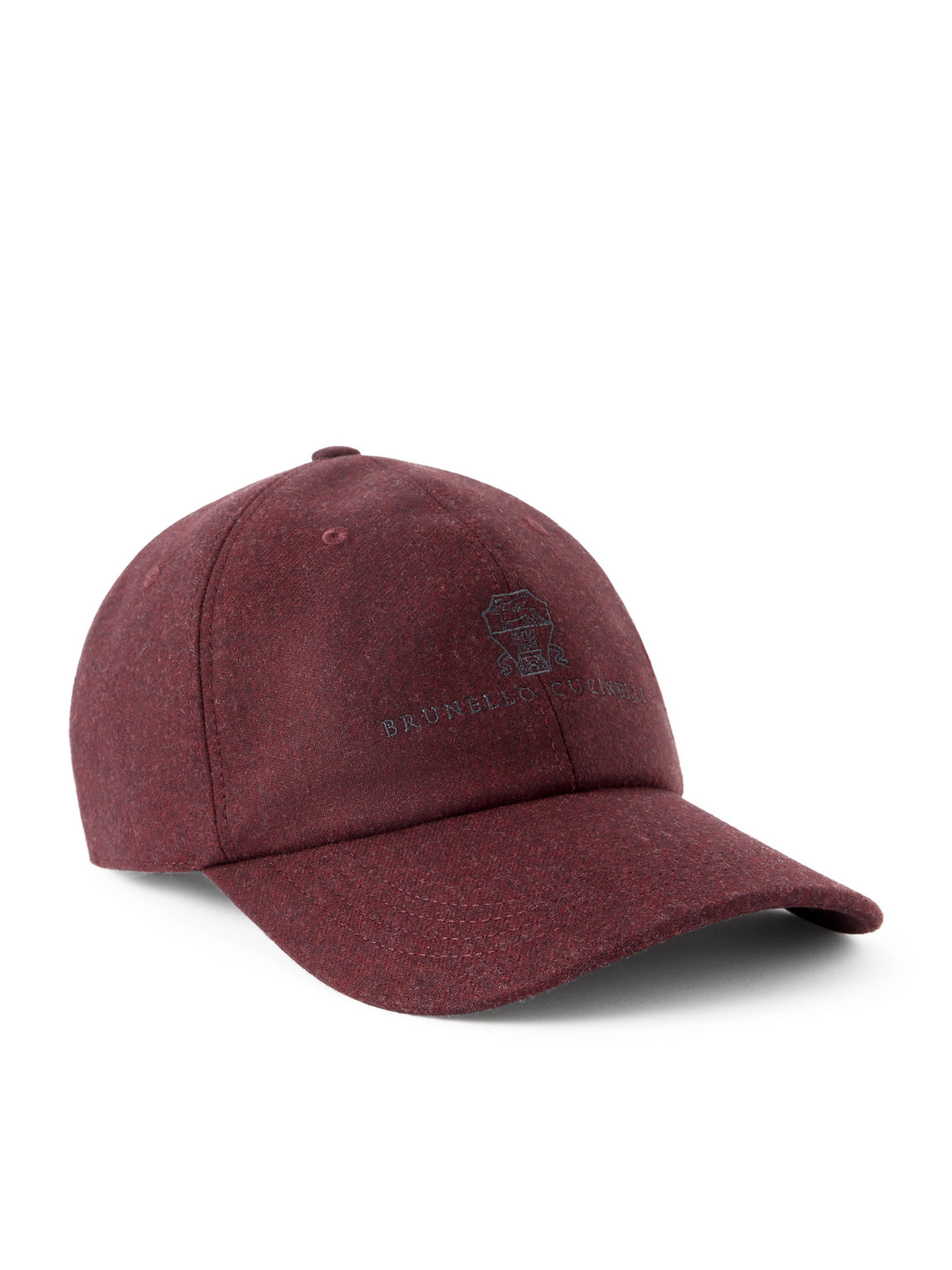Brunello Cucinelli Logo-embroidered Leather-trimmed Wool-flannel Baseball Cap In Burgundy