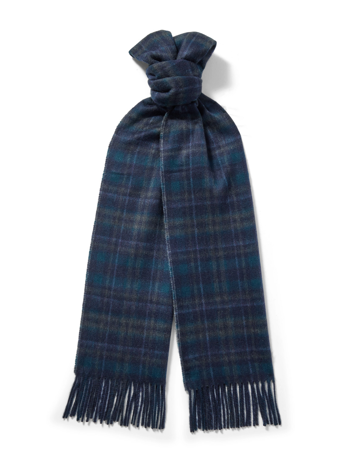Johnstons Of Elgin Reversible Fringed Checked And Herringbone Cashmere Scarf In Blue