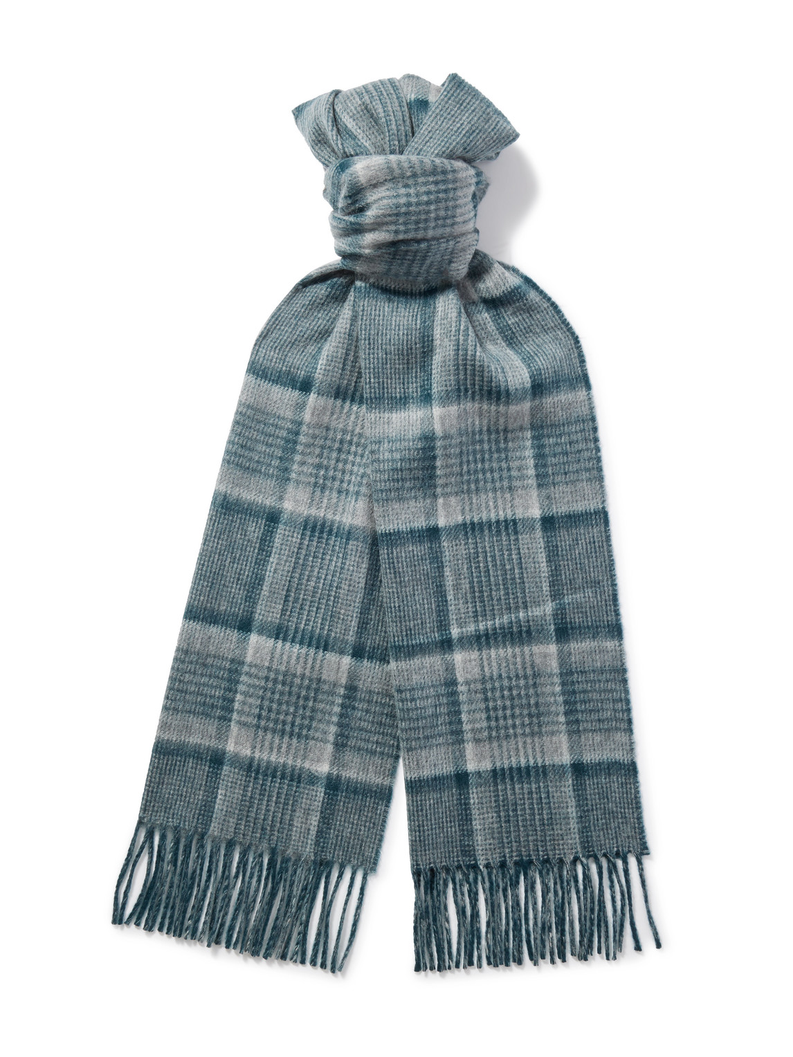 Johnstons Of Elgin Fringed Checked And Striped Cashmere Scarf In Blue