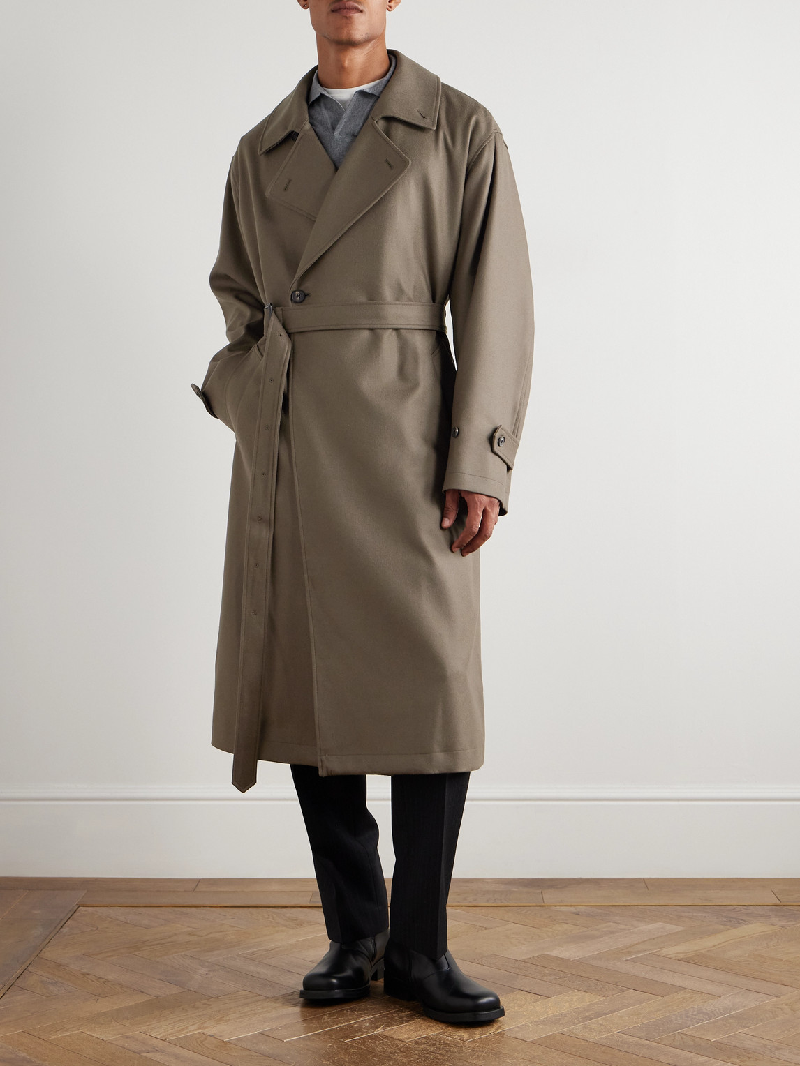 Ssstein Oversized Double-breasted Belted Wool-twill Coat In Neutral