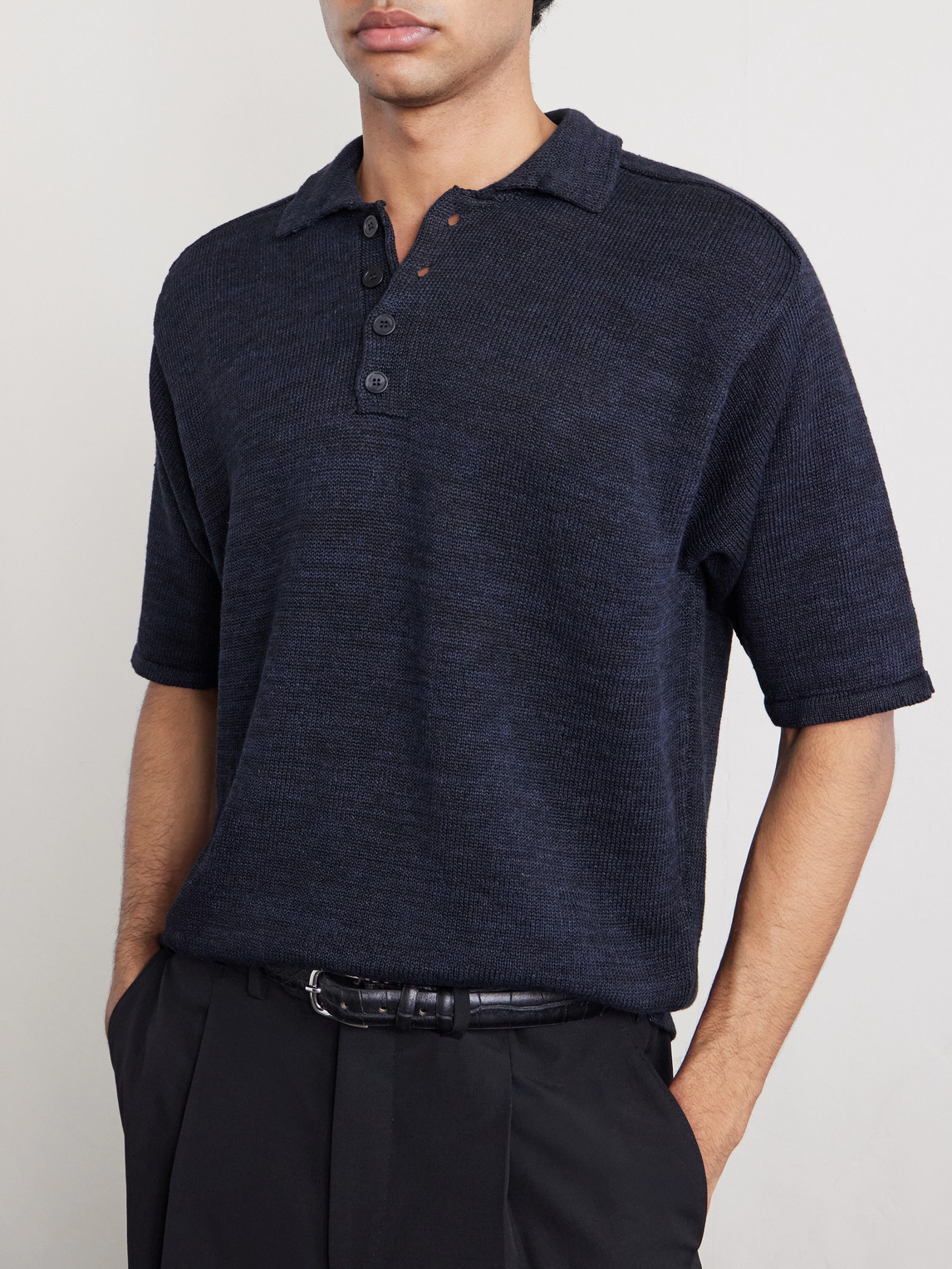  Inis Meáin - Knitted Linen Polo Shirt - Men - Black - M 