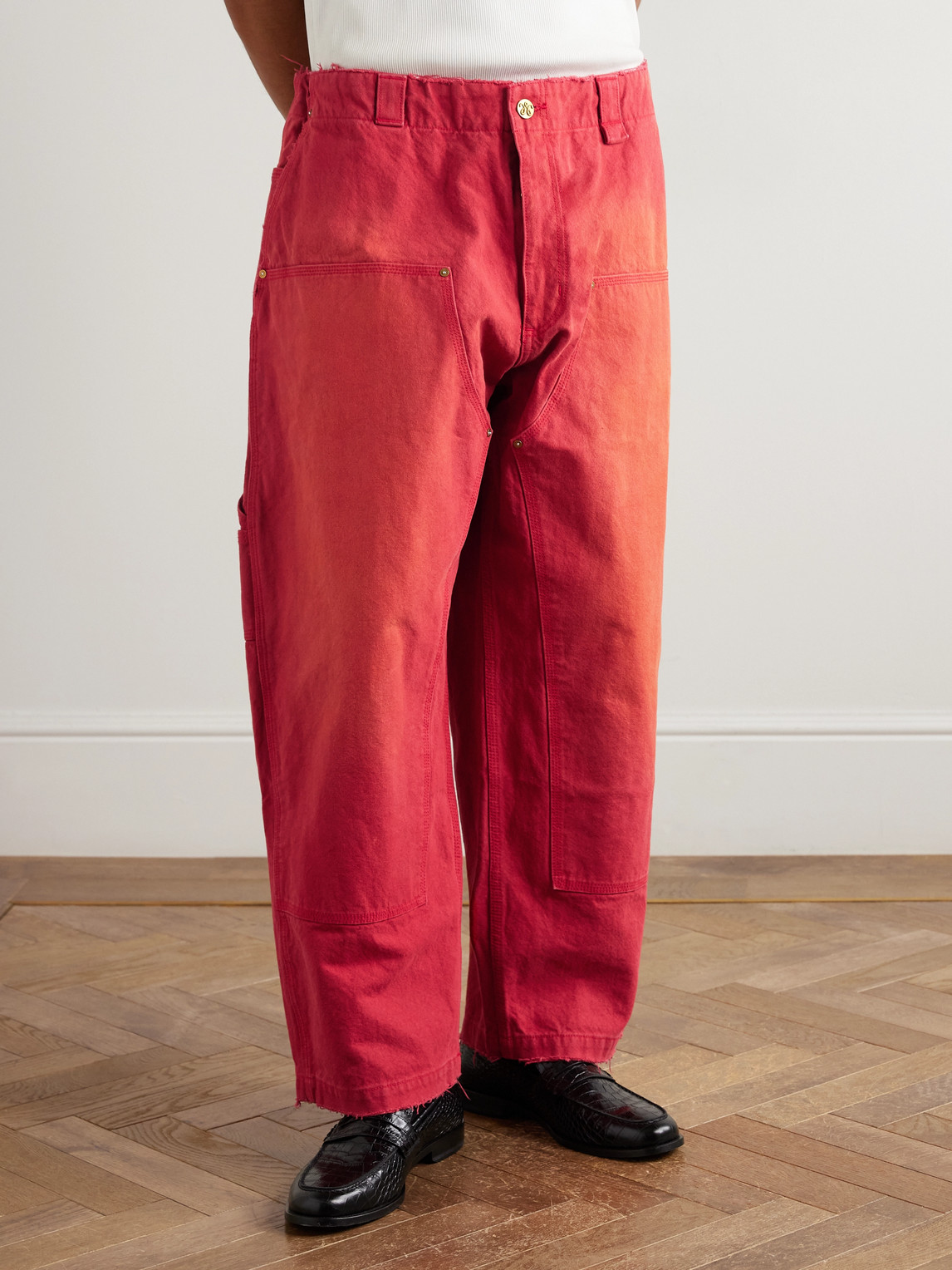 Willy Chavarria Toluca Oversized Wide-leg Distressed Cotton-canvas Trousers In Red