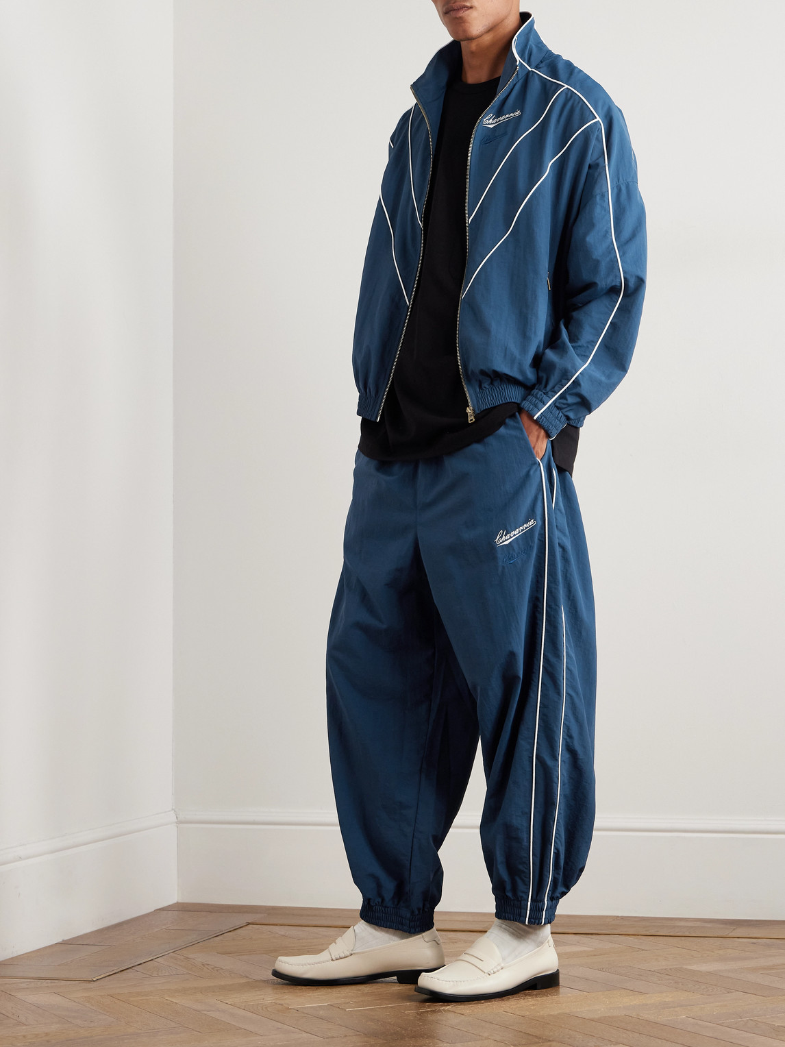 Willy Chavarria Bad Boy Tapered Logo-embroidered Piped Shell Trackpants In Blue