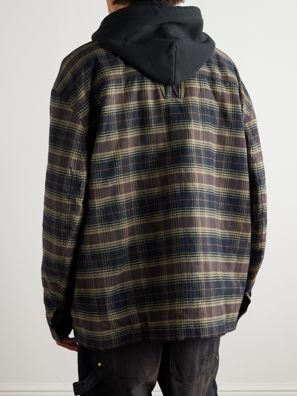 Willy Chavarria Ganadero Oversized Layered Checked Cotton-flannel And Jersey Hooded Overshirt In Green