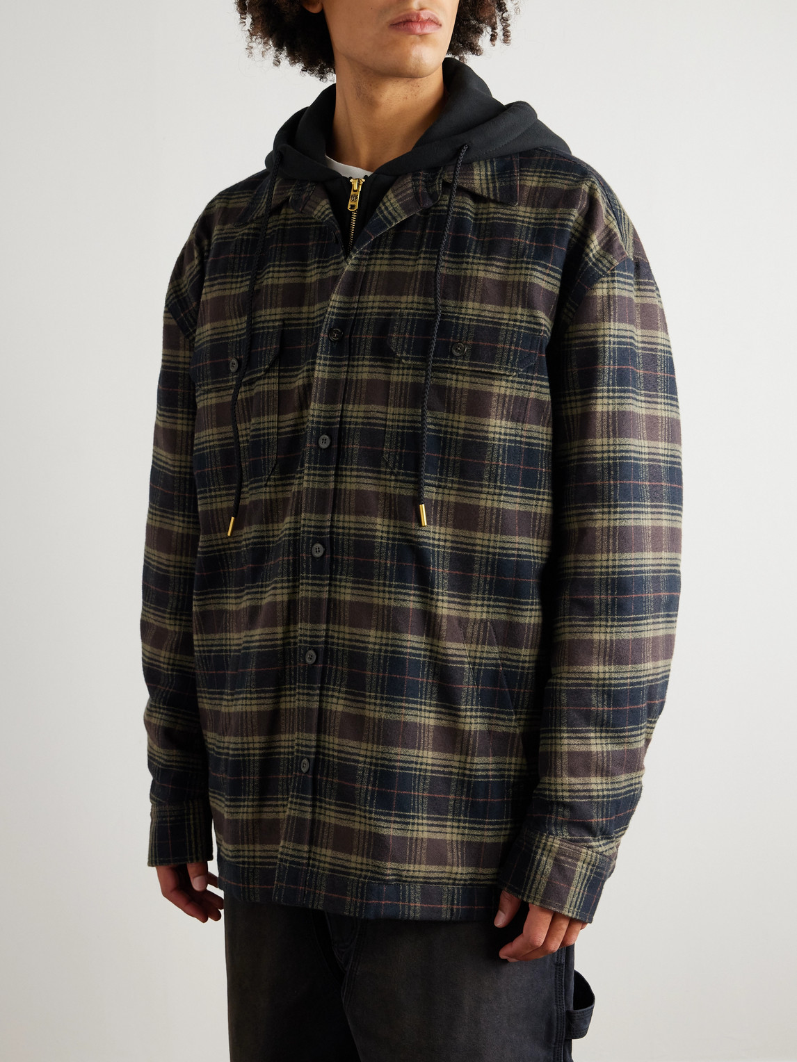 Willy Chavarria Ganadero Oversized Layered Checked Cotton-flannel And Jersey Hooded Overshirt In Green