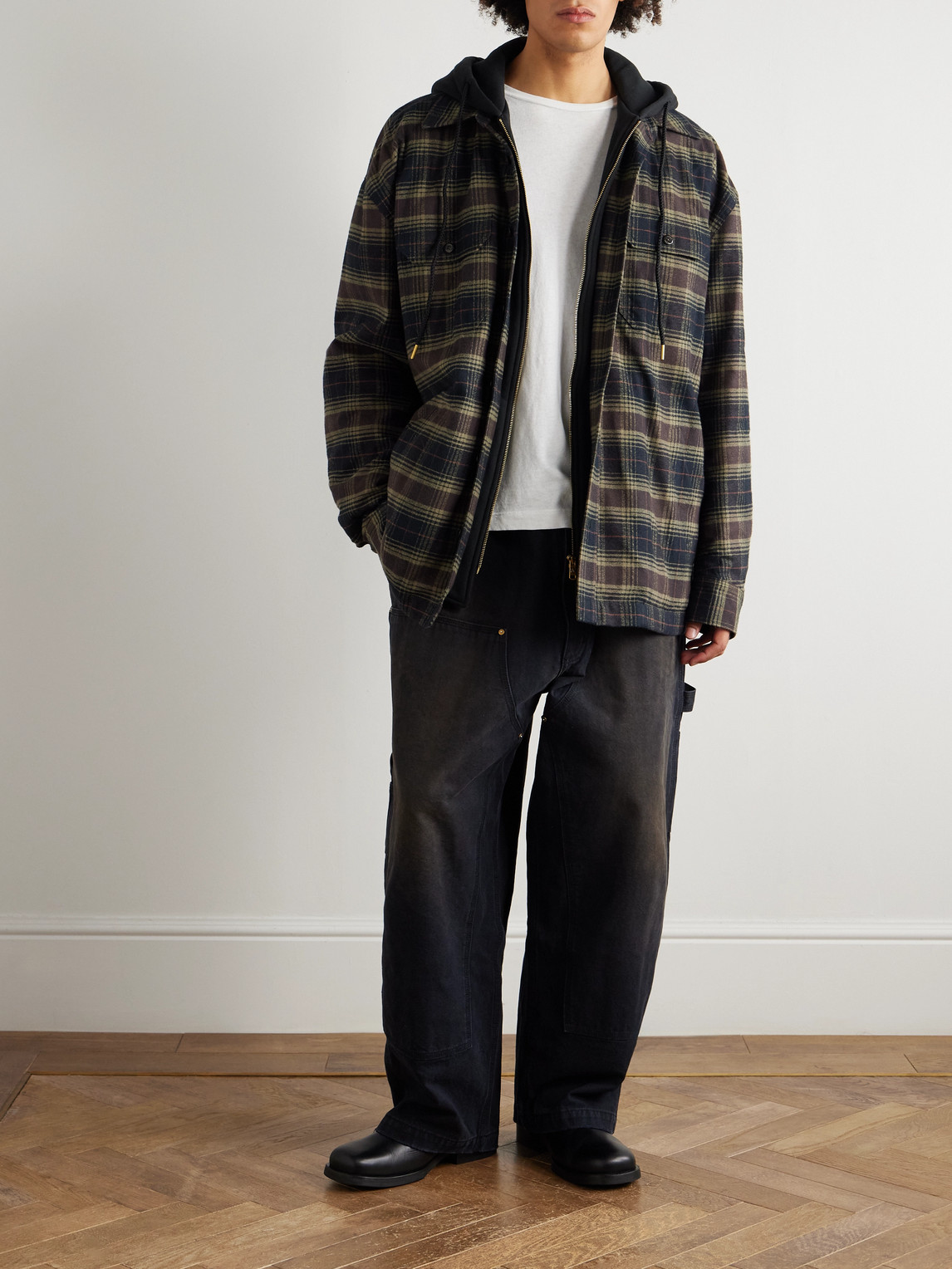 Willy Chavarria Ganadero Oversized Layered Checked Cotton-flannel And Jersey Hooded Overshirt In Green