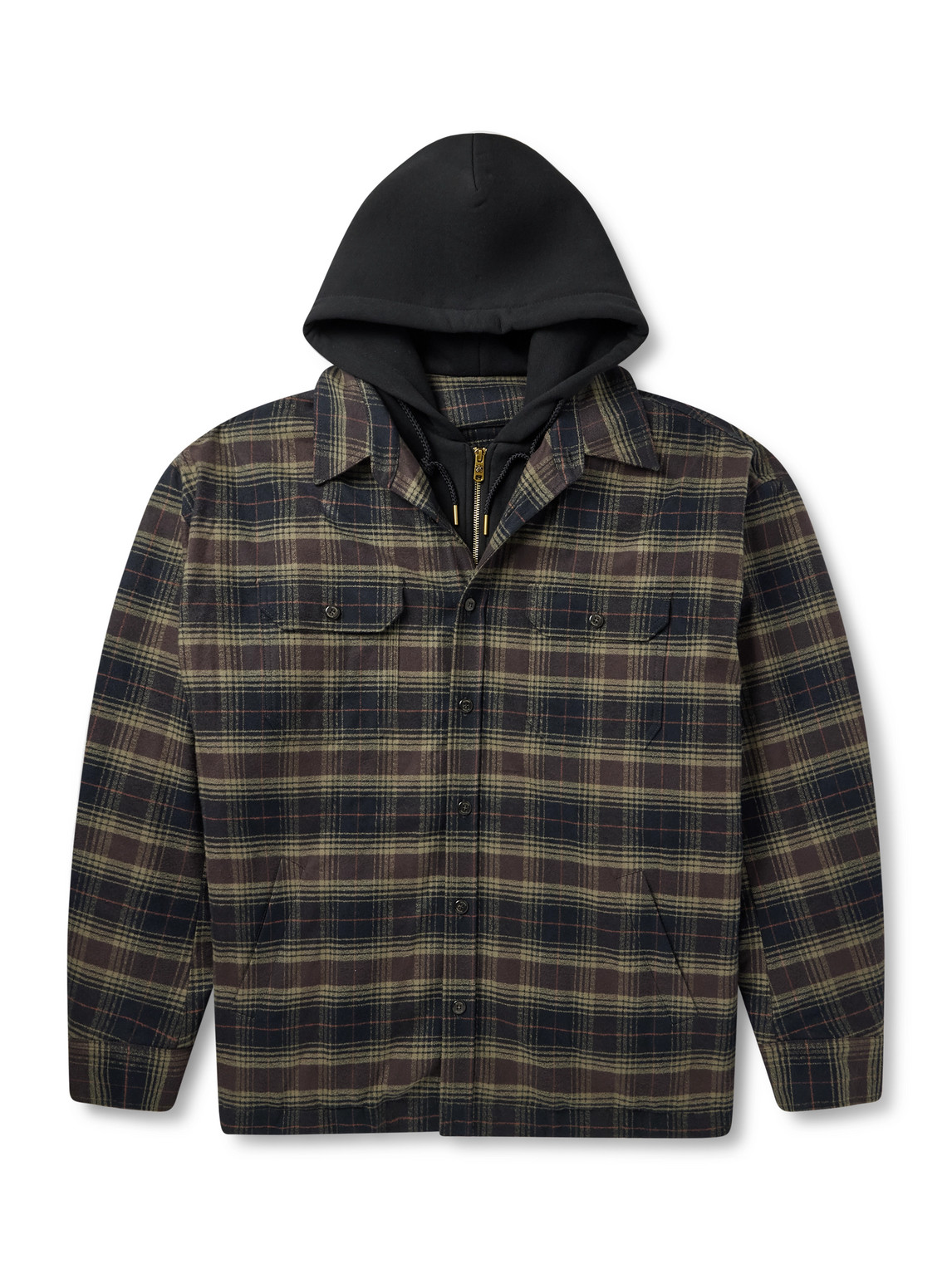 Willy Chavarria Ganadero Oversized Layered Checked Cotton-flannel And Jersey Hooded Overshirt In Green