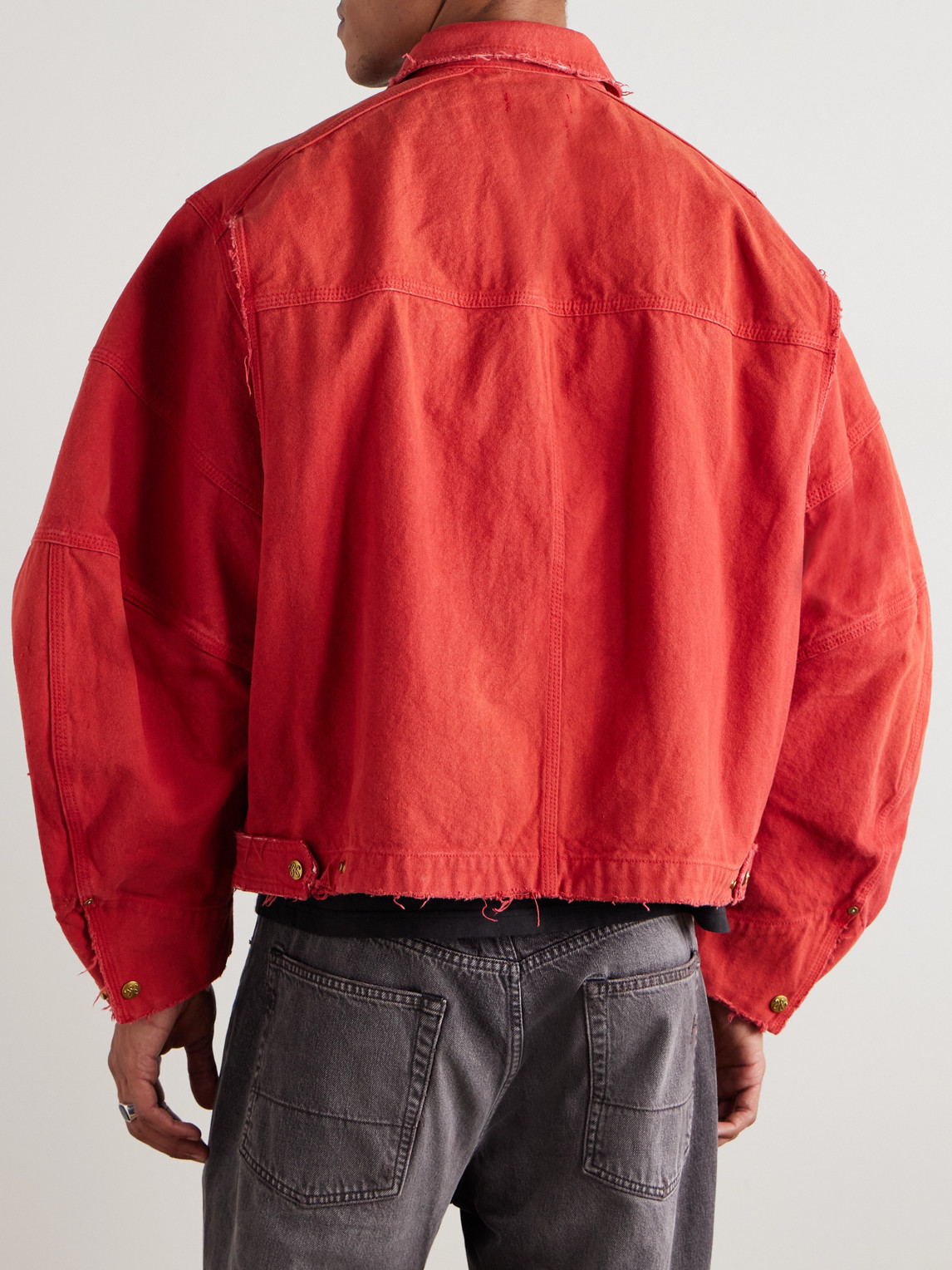 Willy Chavarria Stockton Cropped Logo-detailed Distressed Denim Jacket In Red