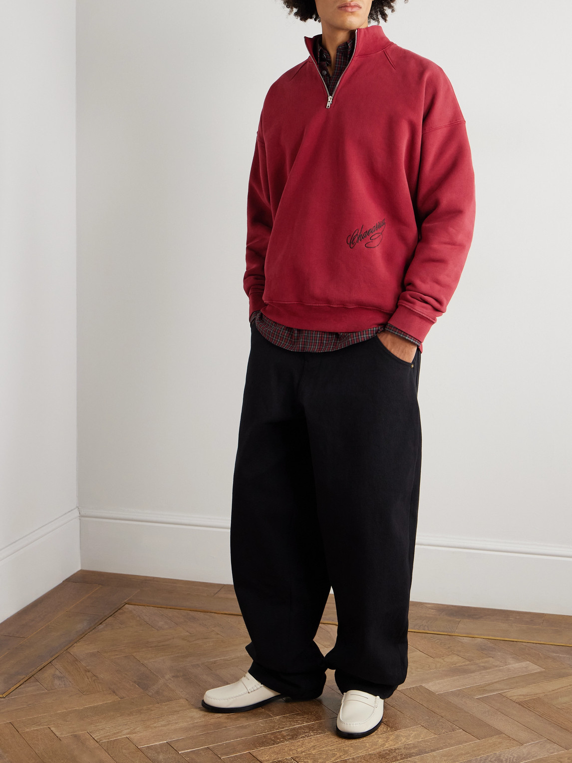 Willy Chavarria Bravo Logo-embroidered Cotton-jersey Half-zip Sweatshirt In Red