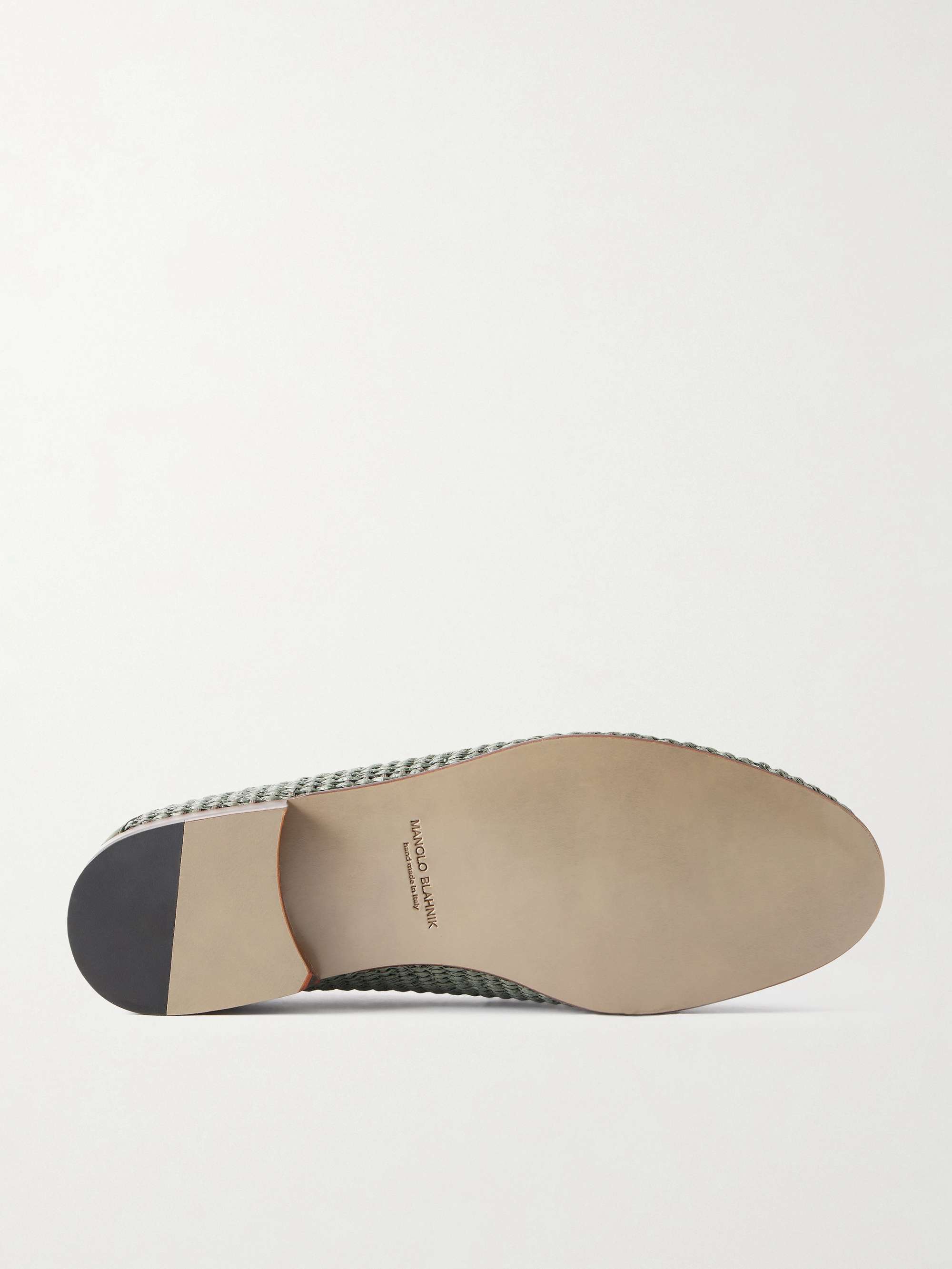MANOLO BLAHNIK Padstow Collapsible-Heel Leather-Trimmed Raffia Loafers