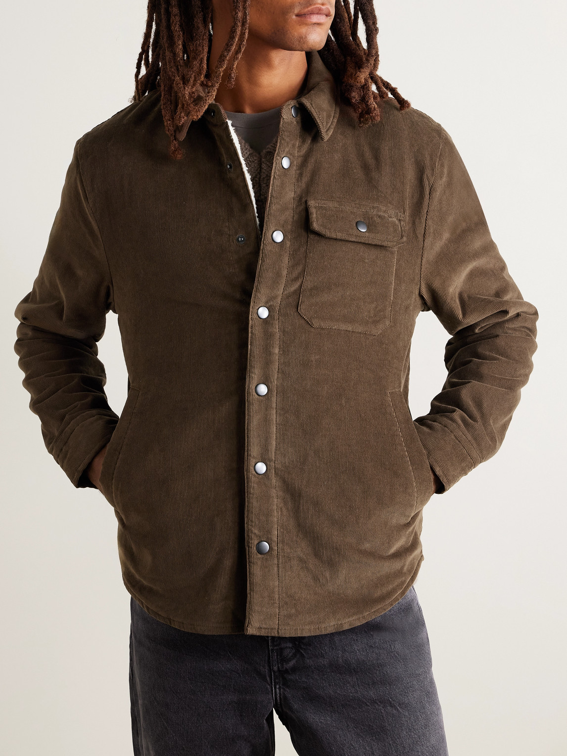 James Perse Fleece-lined Cotton-blend Corduroy Shirt Jacket In Brown