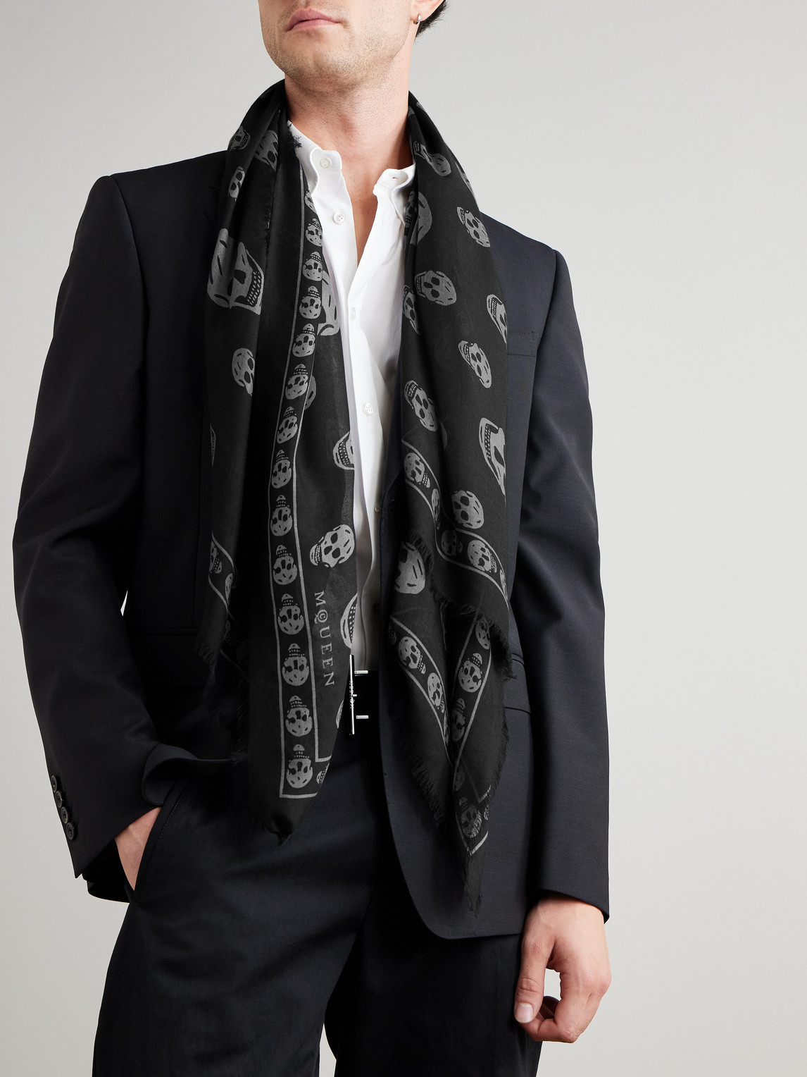 Alexander Mcqueen Fringed Printed Modal And Silk-blend Scarf In Black