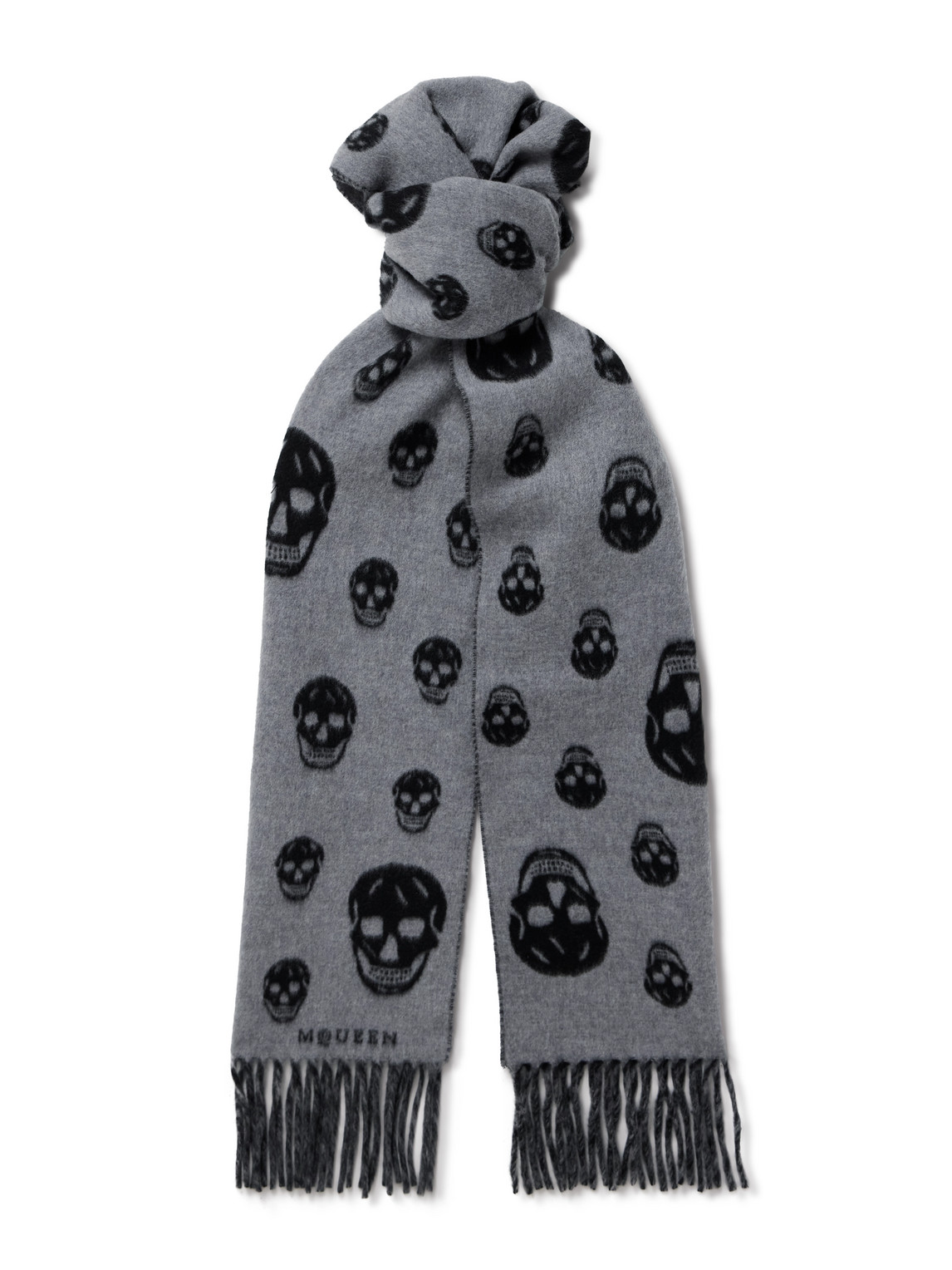 Alexander Mcqueen Fringed Intarsia-knit Wool And Cashmere-blend Scarf In Gray