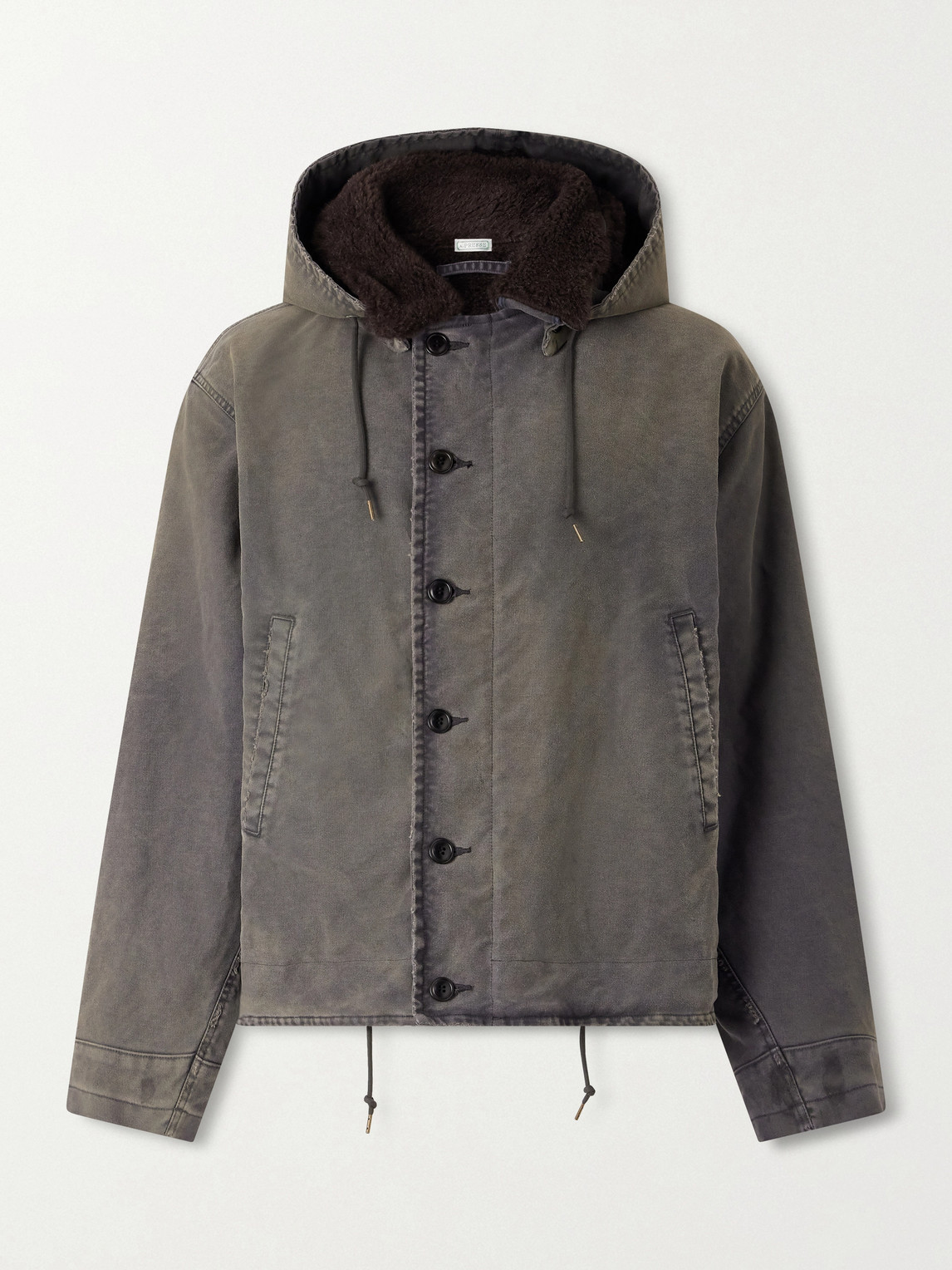 A.presse Fleece-lined Distressed Cotton-canvas Hooded Jacket In Gray