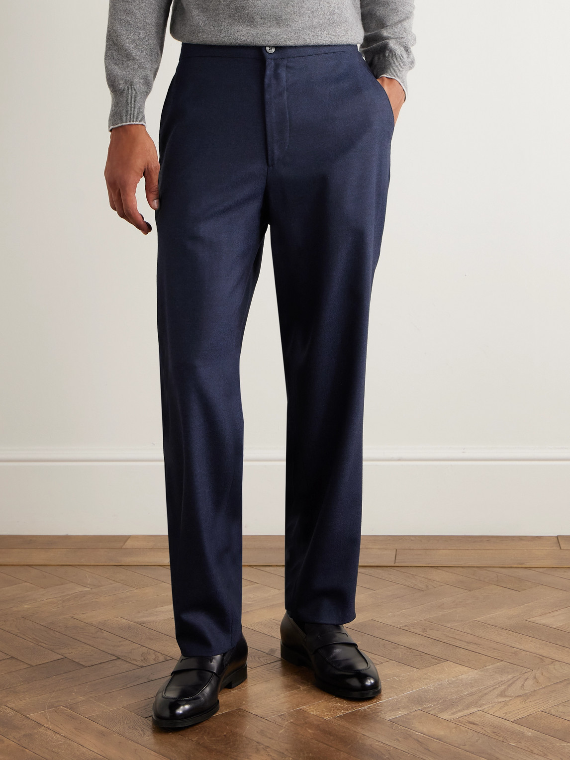 Boglioli Straight-leg Virgin Wool-flannel Drawstring Trousers In Blue