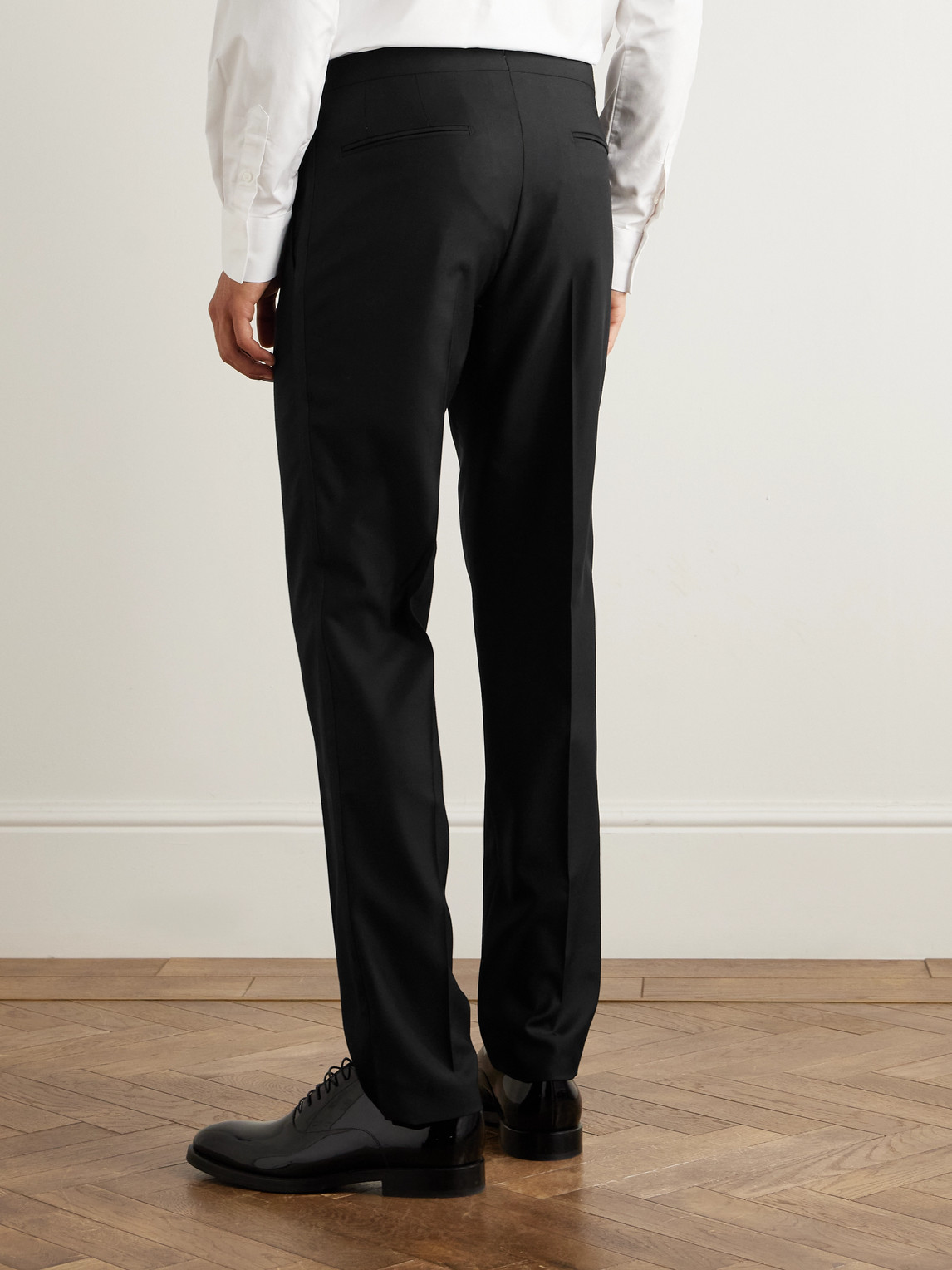 Boglioli Tapered Satin-trimmed Virgin Wool-blend Tuxedo Trousers In Black